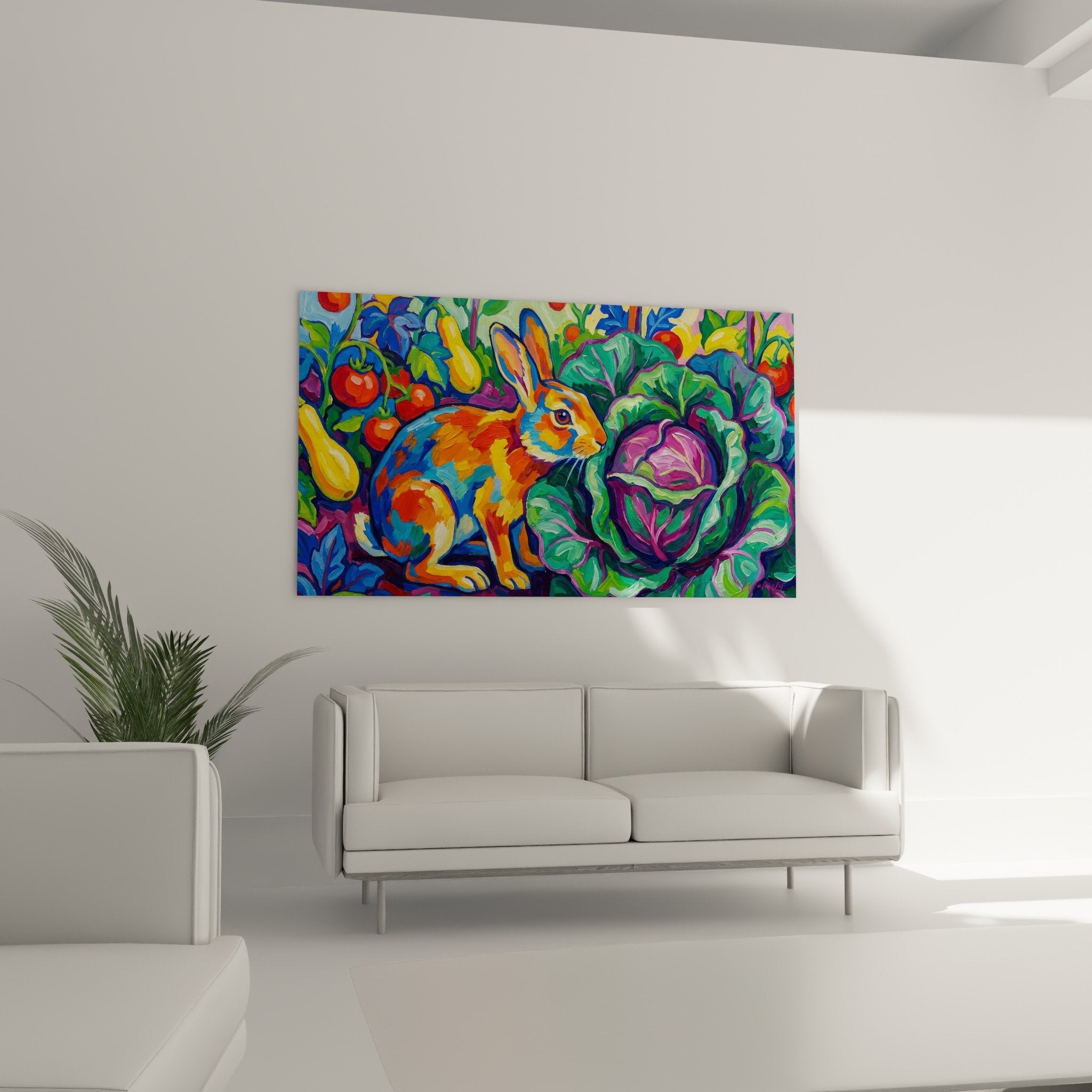 Orange and blue rabbit painting detail thick textured paint colorful vegetables expressive artistic style