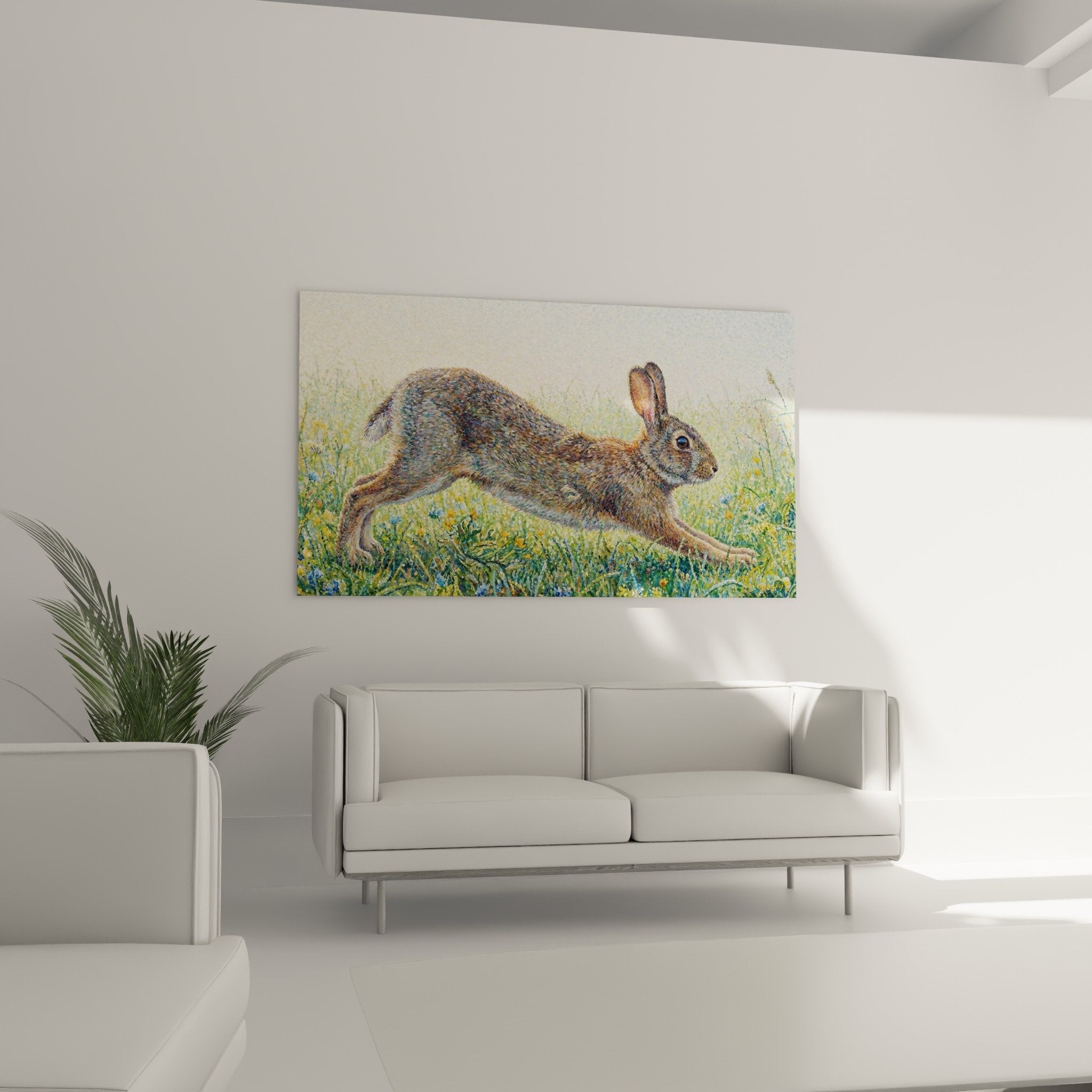 Detail Gemälde Hase braunes Fell Pointillist-Technik Malerei-Textur Wiese Blütenhefte Tierkunst