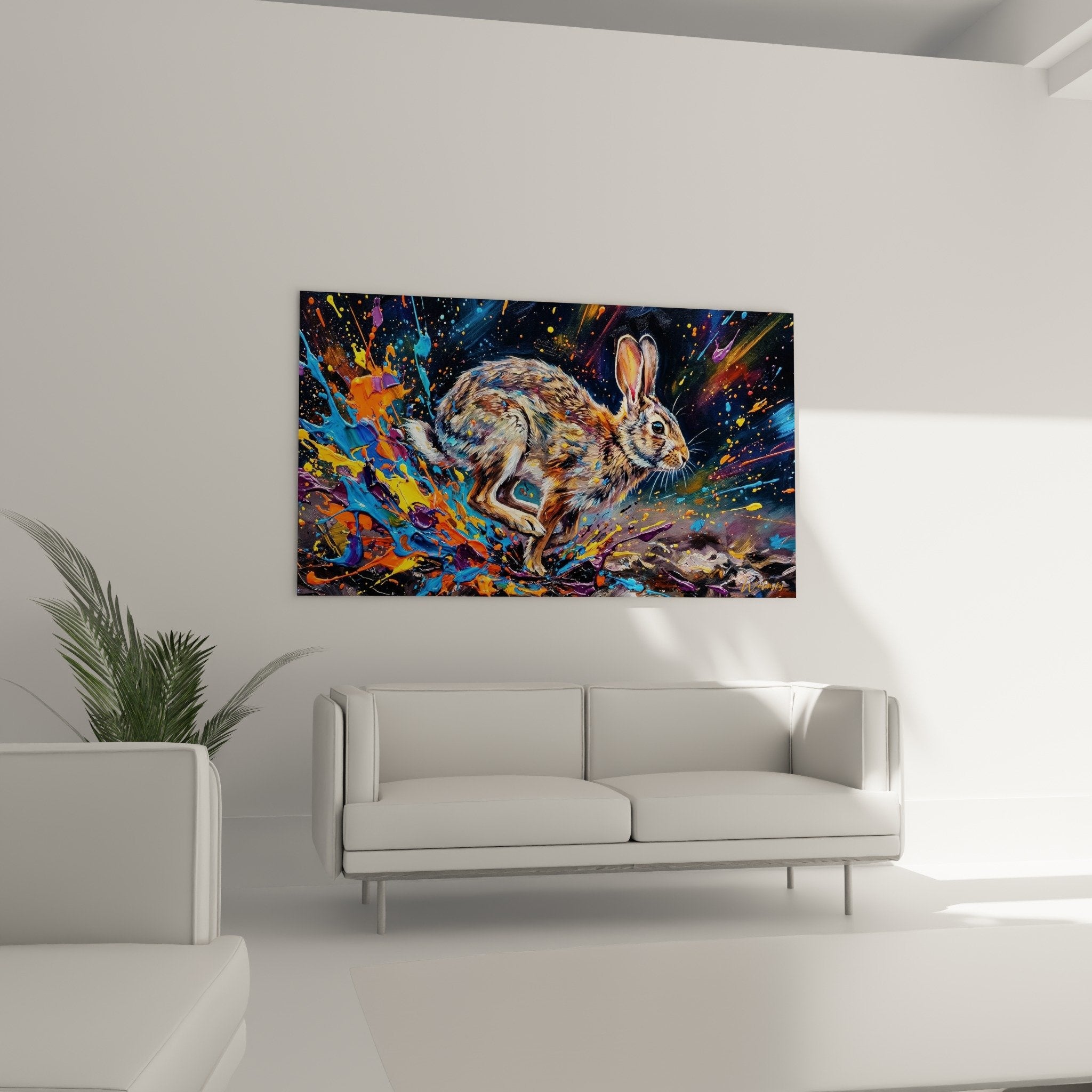 detailed realistic rabbit brown golden fur orange blue purple paint splashes