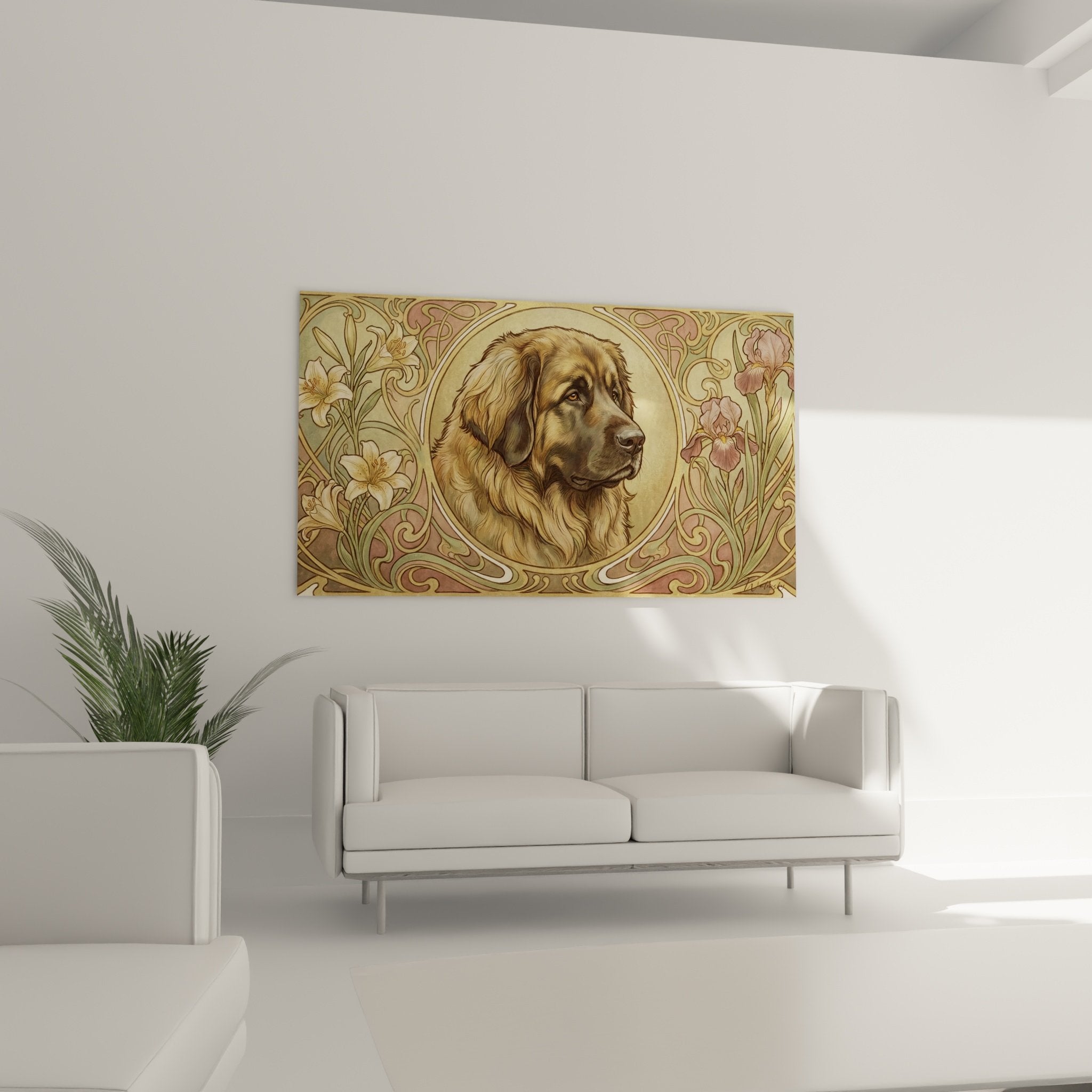 Detail portrait Leonberg pelage dore dans encadrement Art Nouveau courbes vegetales dorees