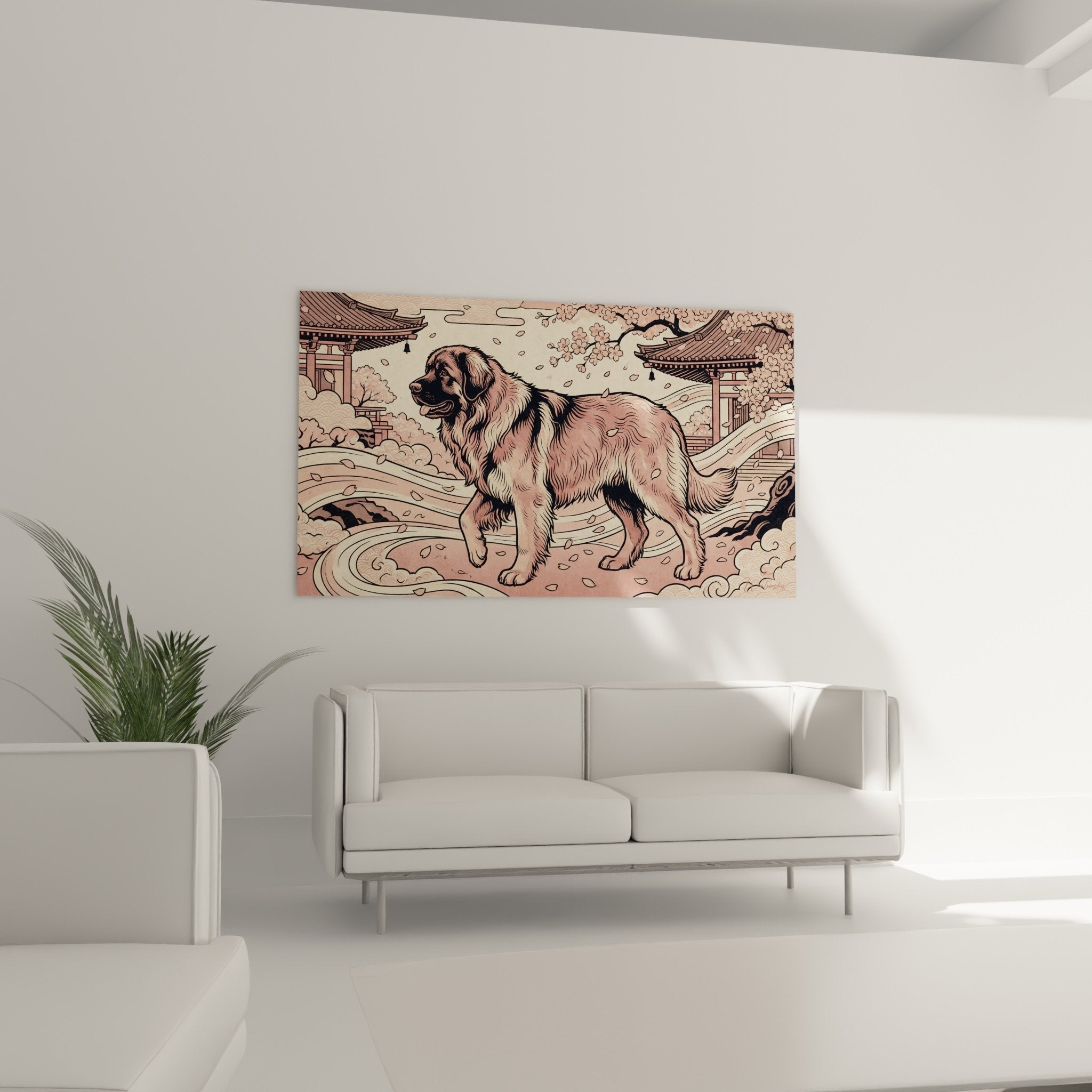 realistic leonberg painting detailed fur pink tones japanese print artistic style