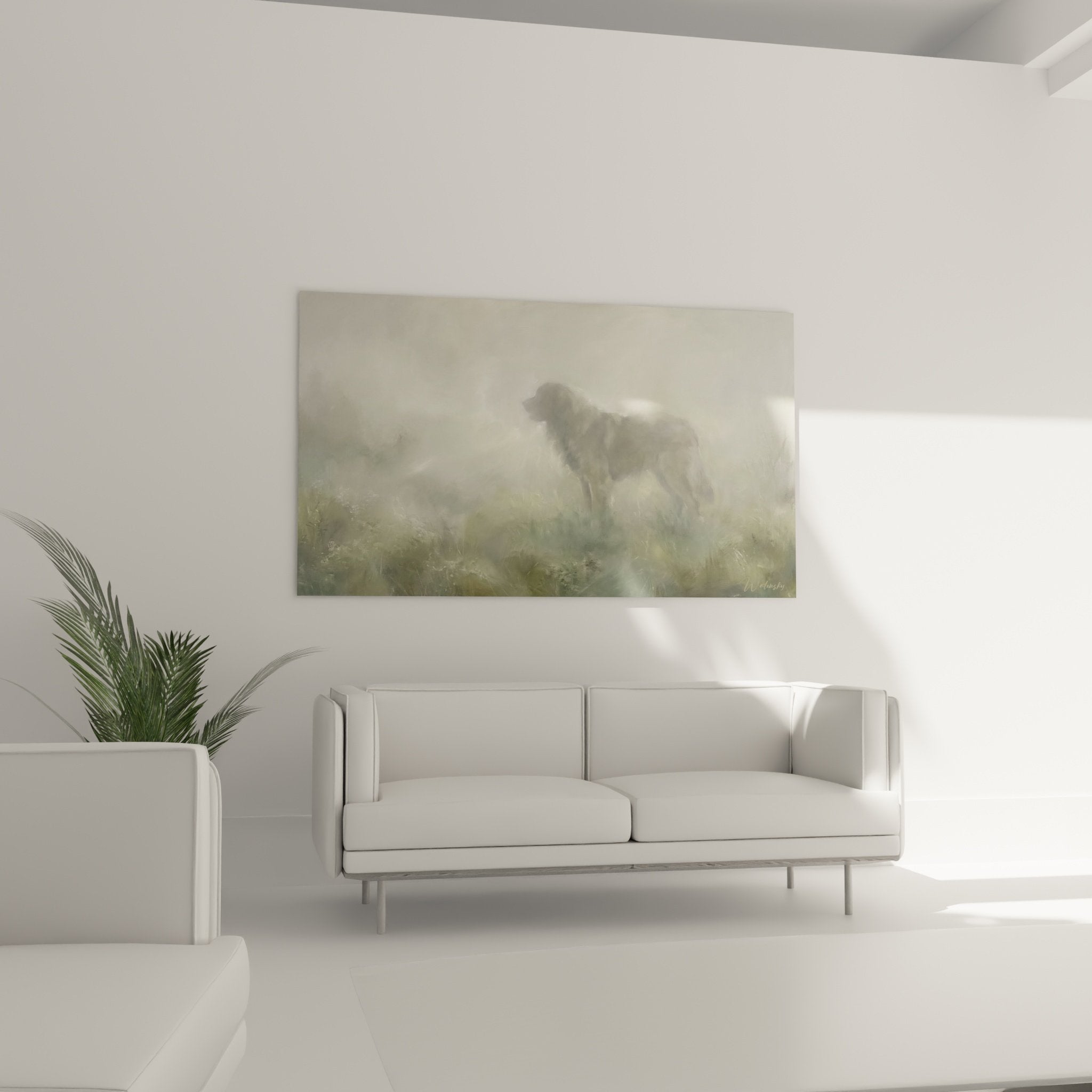 Detail rapproche tableau Leonberg silhouette vaporeuse peinture brumeuse texture pelage artistique gris