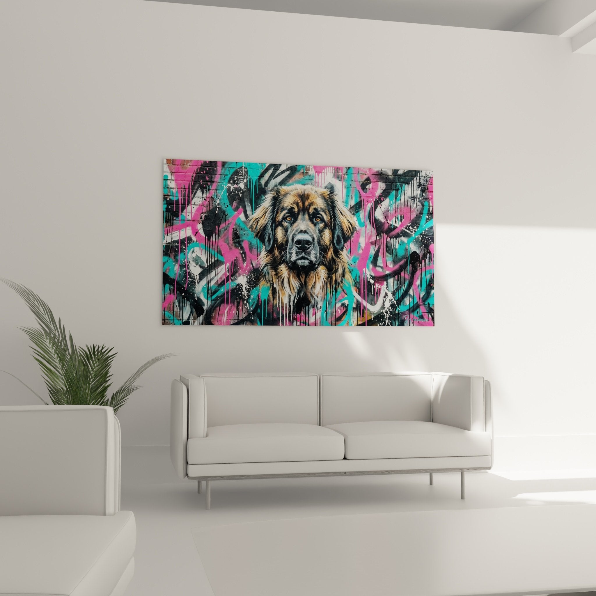 Leonberg portrait detail with amber eyes on colorful graffiti background with paint splatters