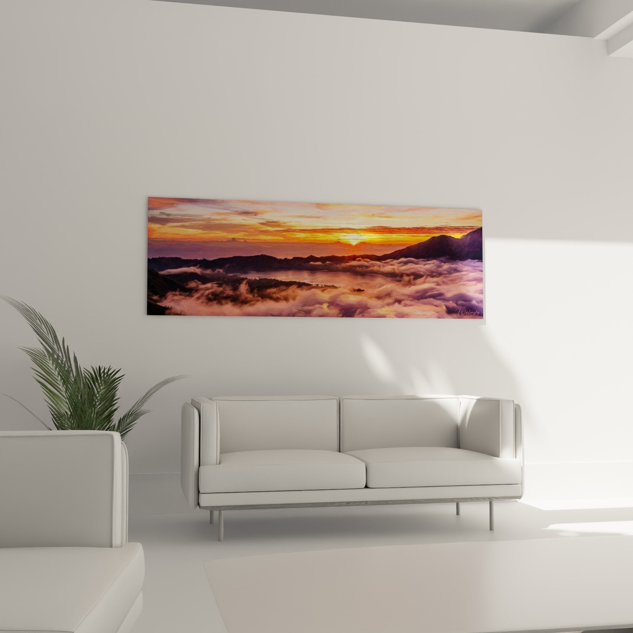 Detail Gemälde Sonnenaufgang leuchtend orange Himmel flauschige Wolken goldene Reflexionen