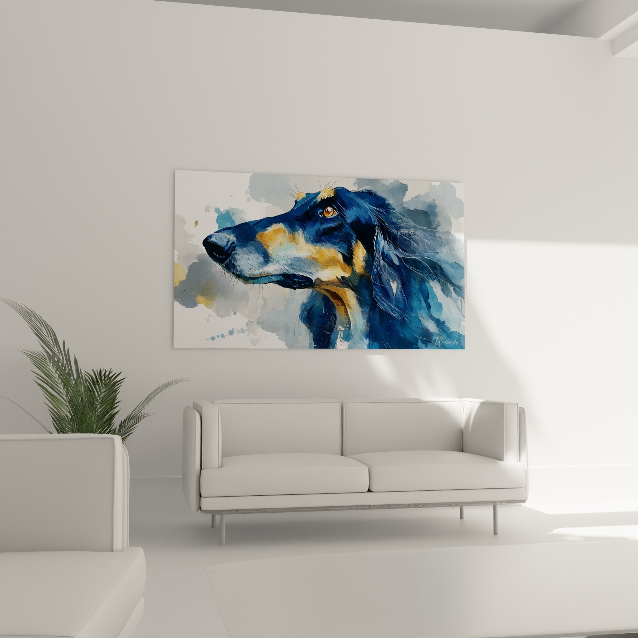 Detail portrait Levrier Afghan technique aquarelle nuances bleues touches dorees