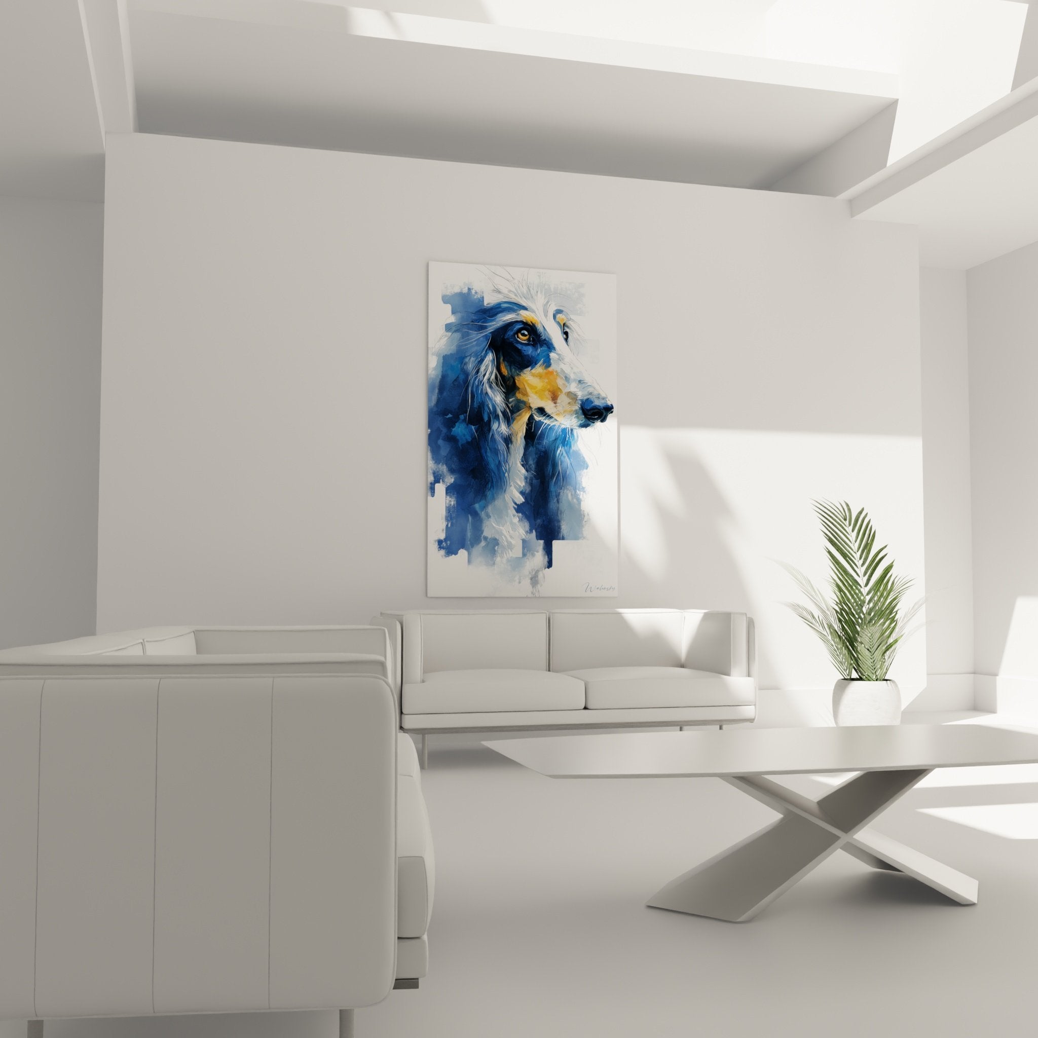 Detail portrait levrier afghan aquarelle bleue doree regard ambre pelage texture pinceau fluide