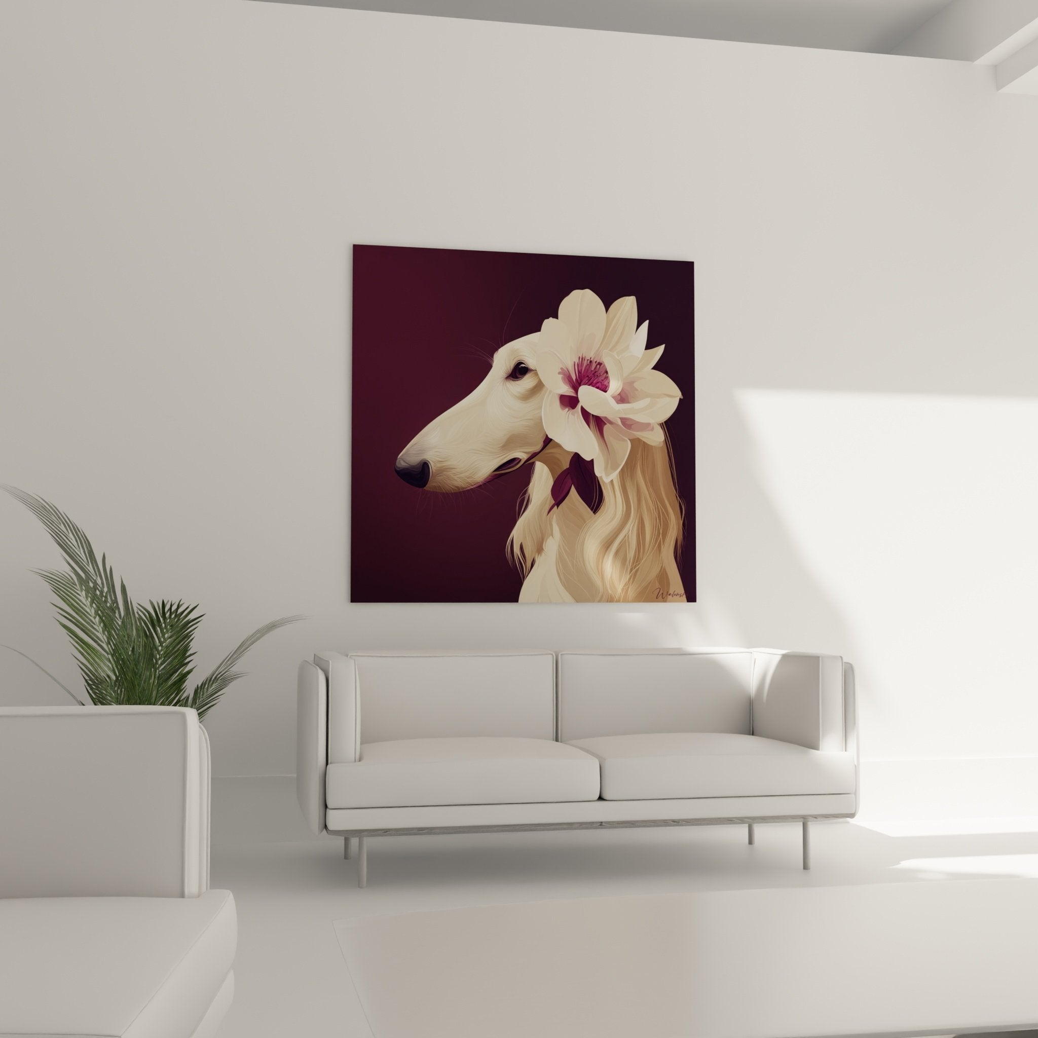 Détail gros plan tableau lévrier afghan doré avec fleur magnolia blanche cœur pourpre, peinture réaliste