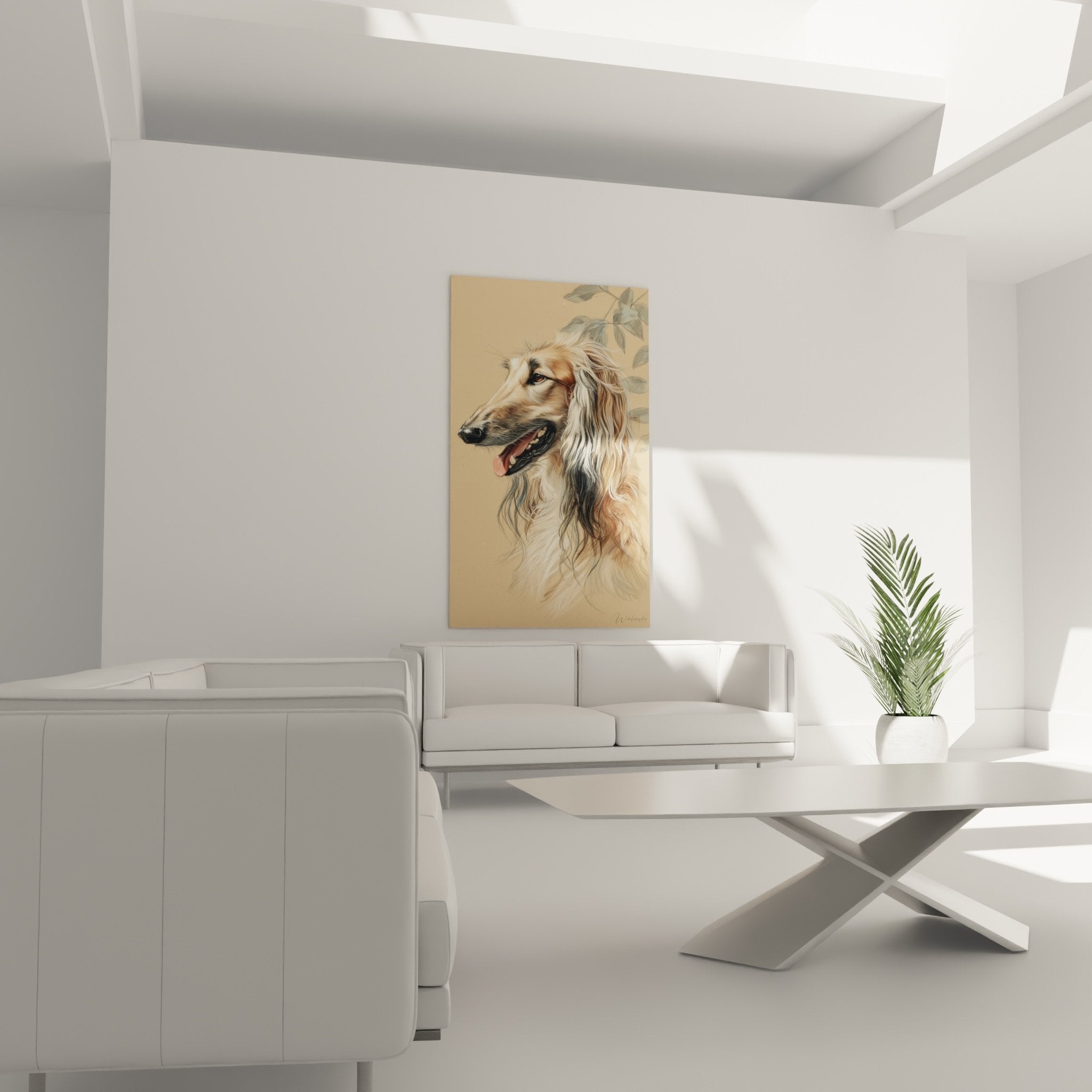 Detail portrait levrier afghan pelage soyeux dore texture realiste art animalier qualite