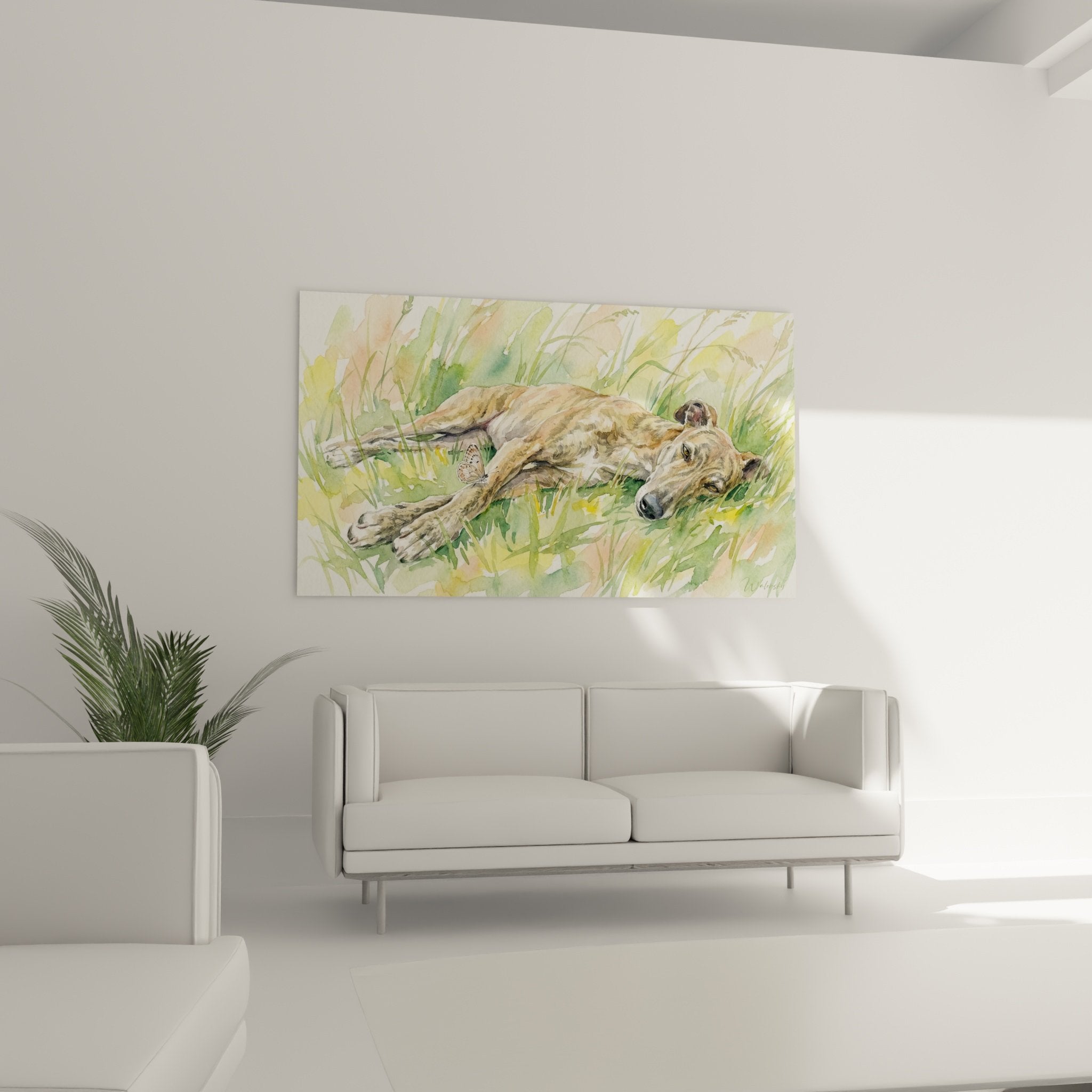 Detail aquarelle levrier greyhound pelage brun roux herbe papillon ailes tachetees technique transparence