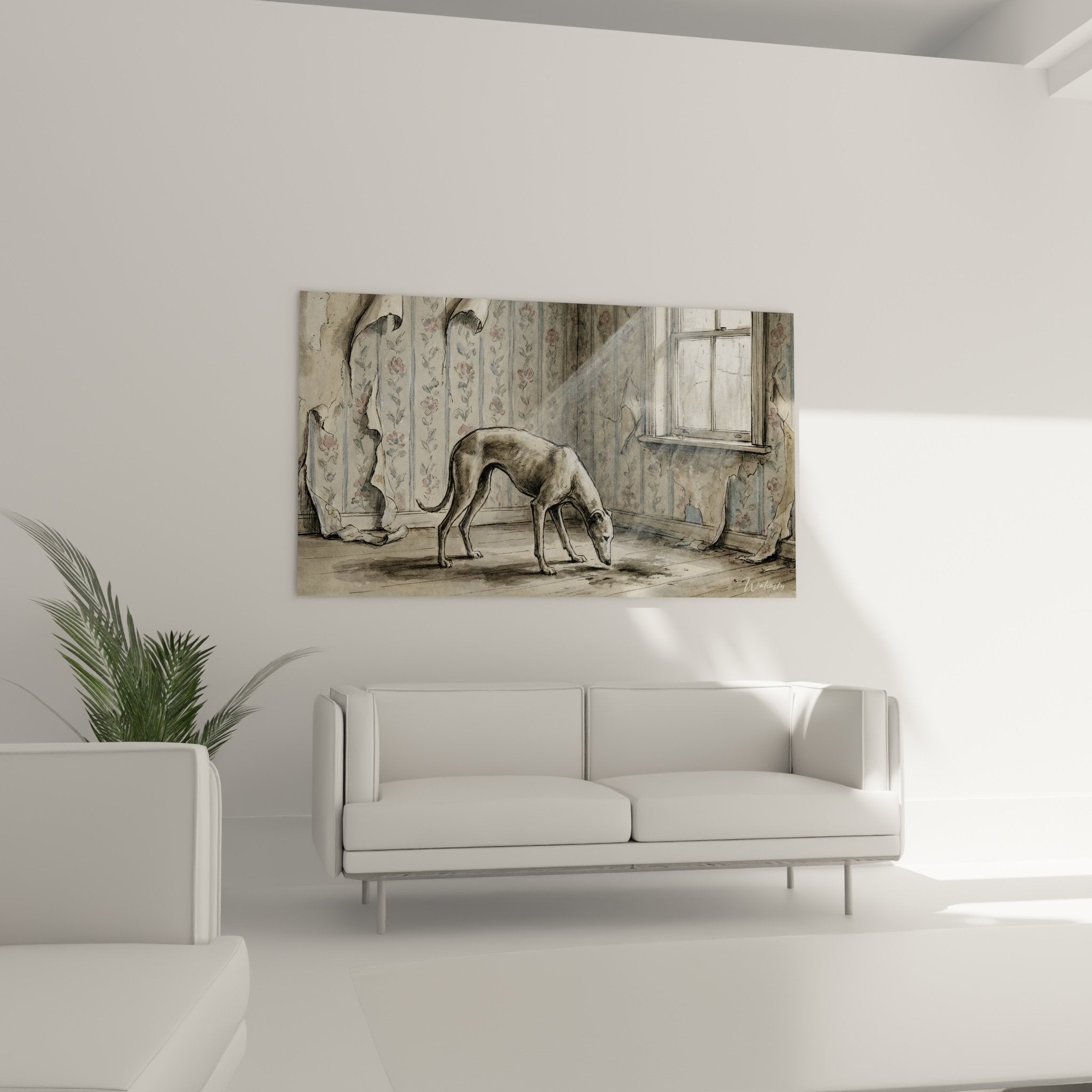 Detail aquarelle levrier greyhound pelage gris mouchete dans interieur abandonne tons sepia