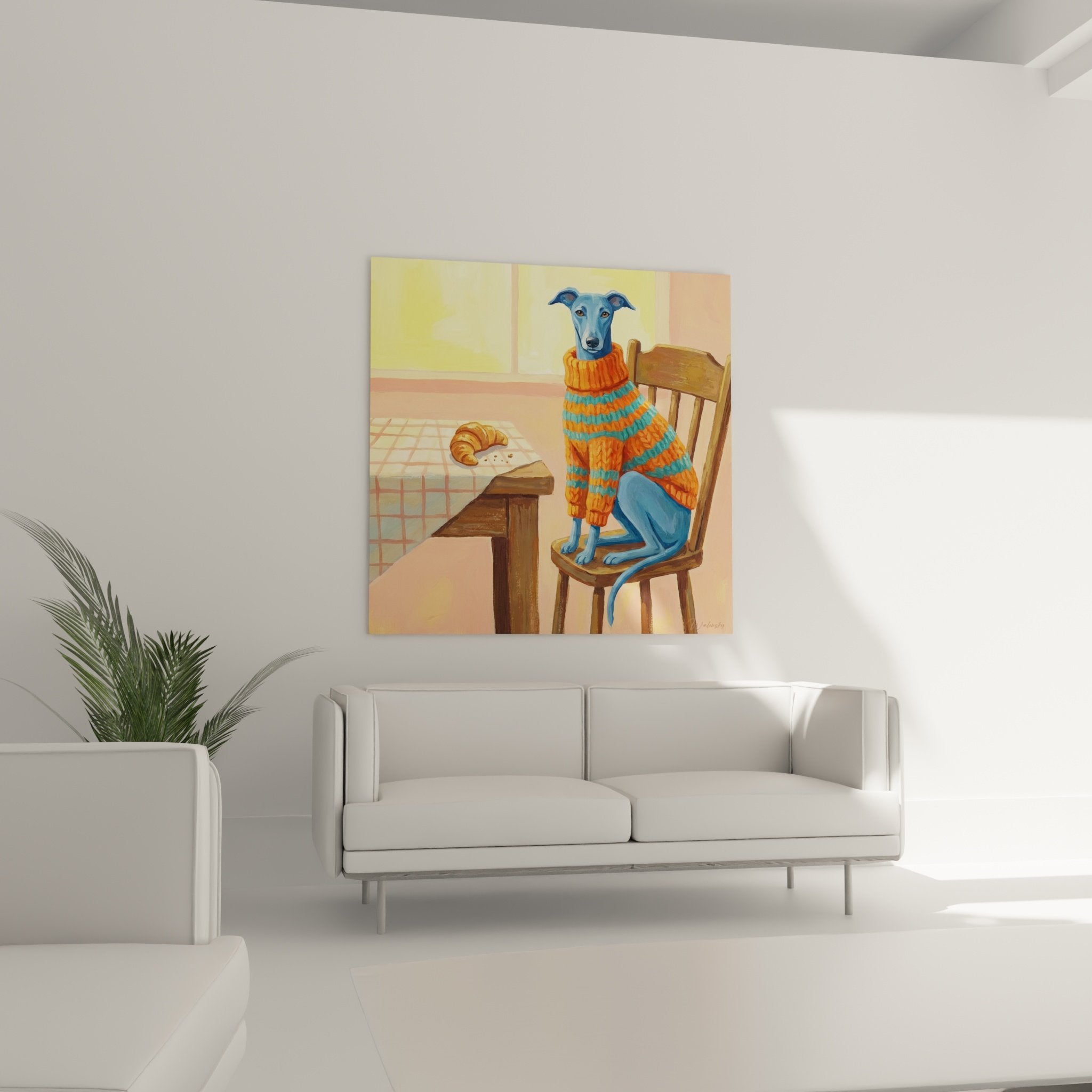 Detail greyhound dog painting blue expressive gaze orange and turquoise knit sweater realistic texture