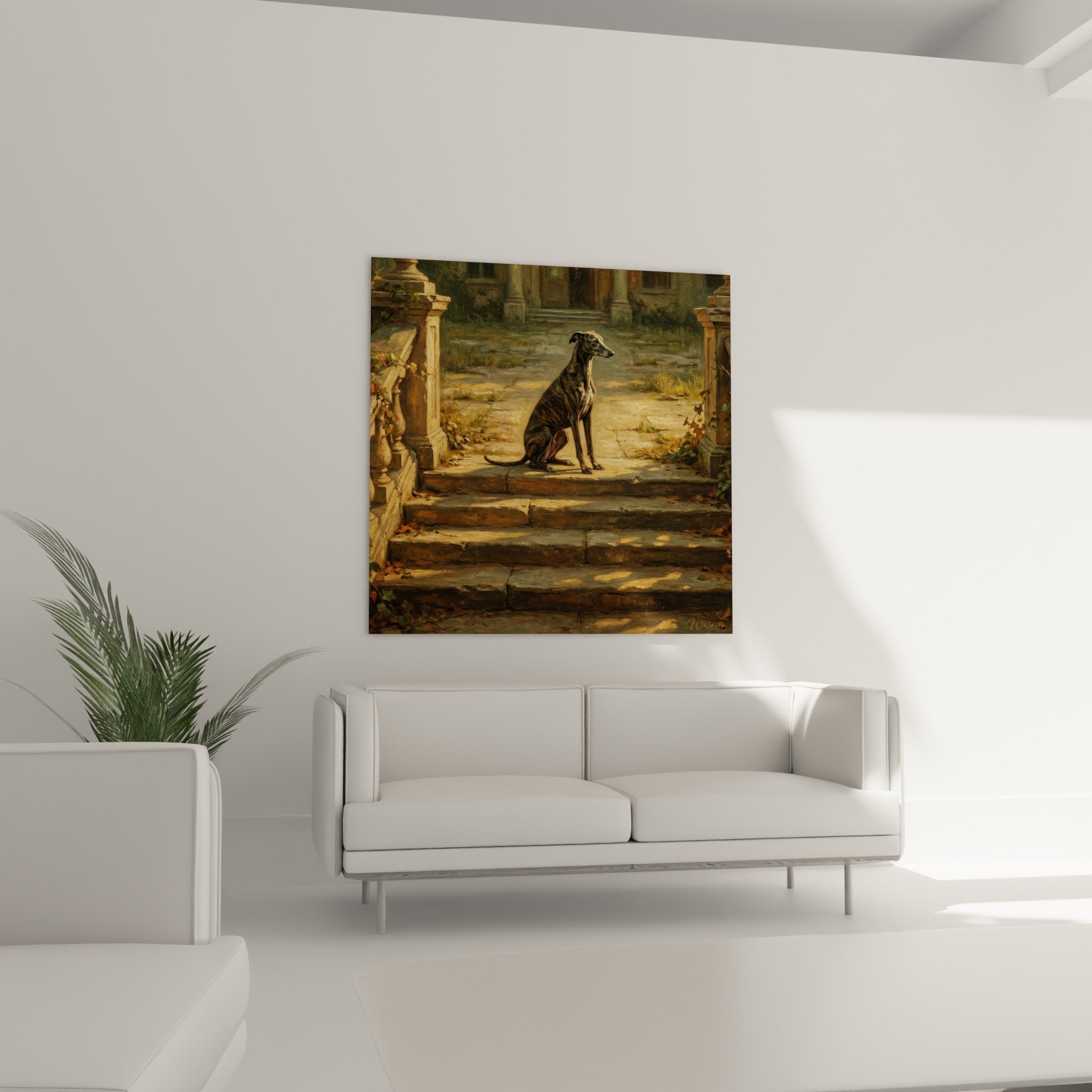 Greyhound dog detail brindle coat golden light on ancient marble steps
