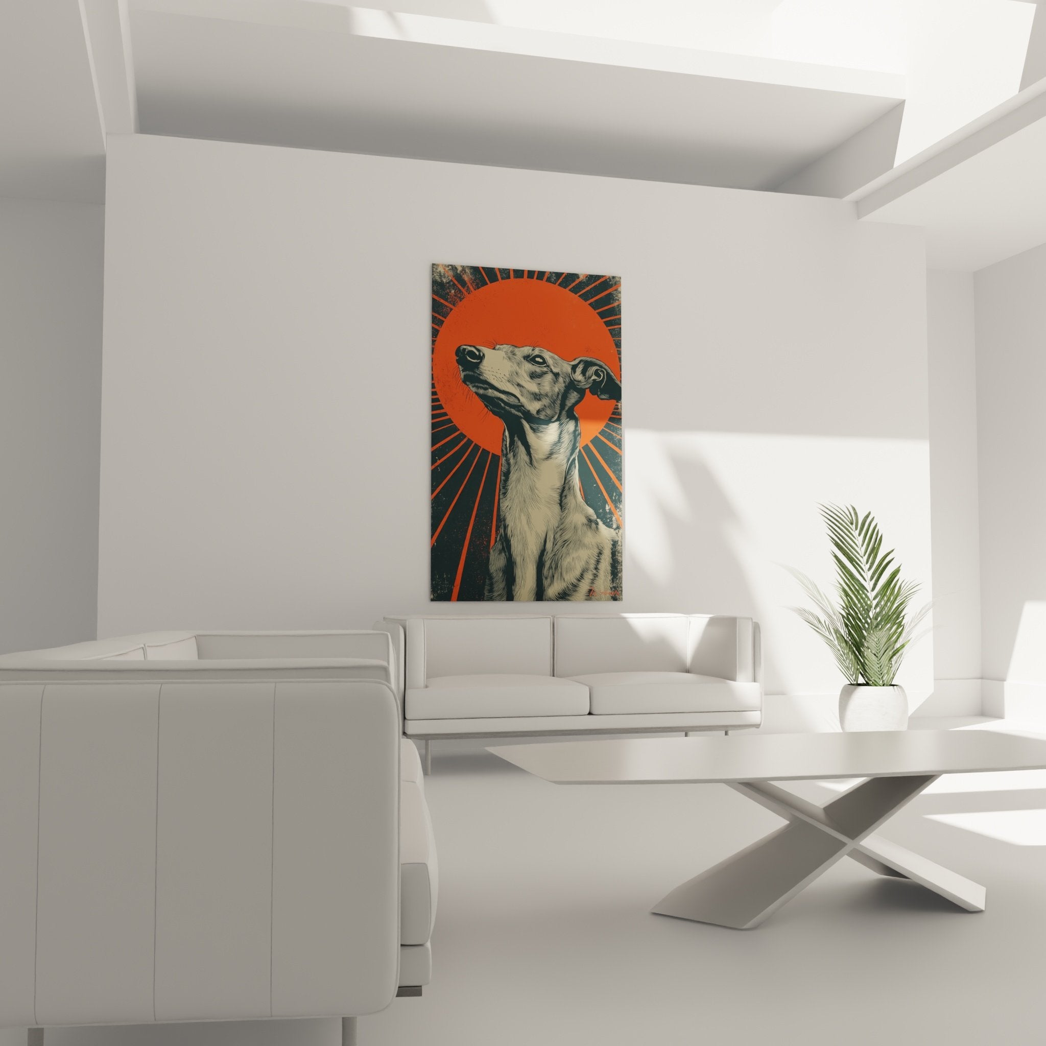 Detail tableau levrier whippet profil noble soleil orange rayons lumineux art graphique