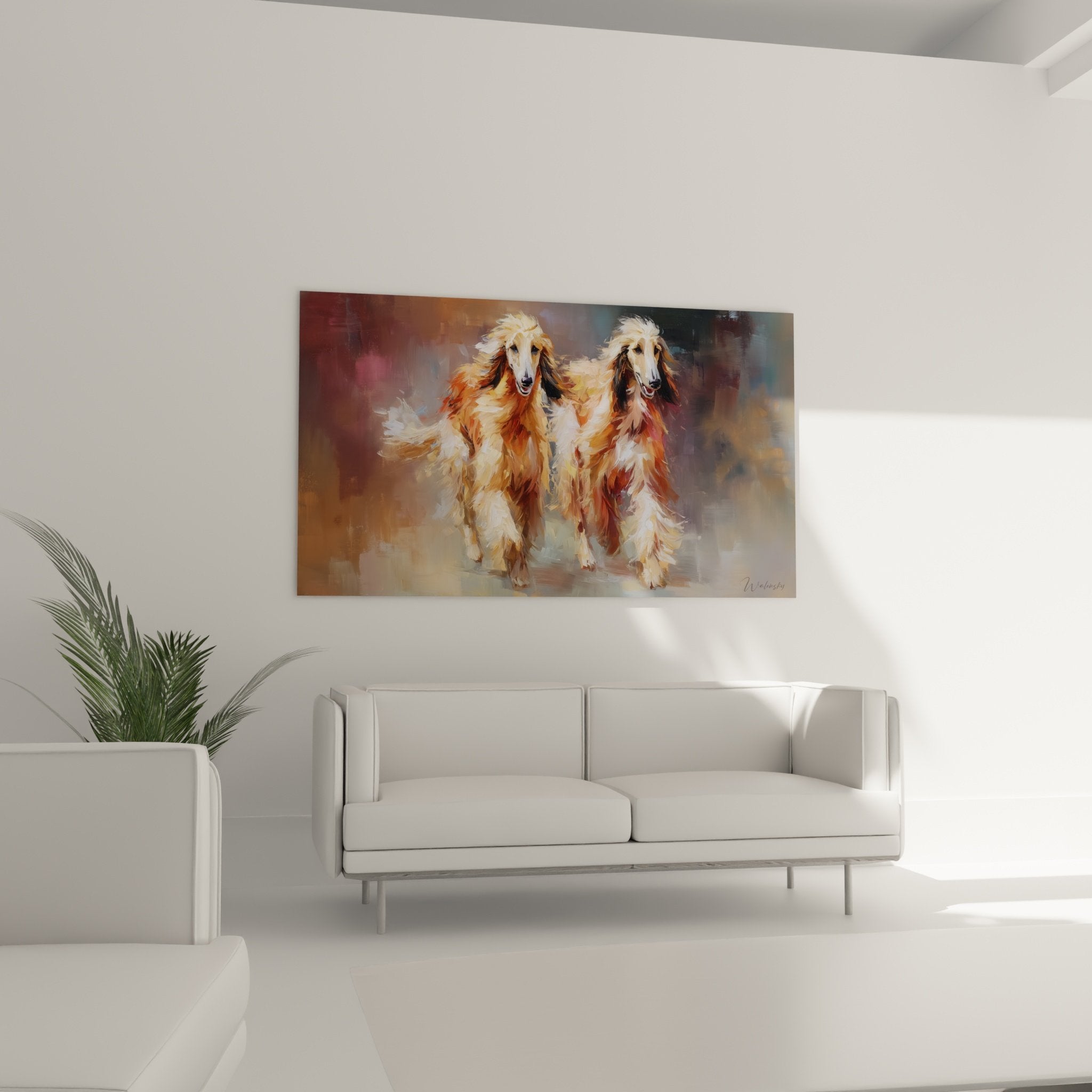 Detail peinture levriers afghans pelages textures coups pinceau expressifs tons miel caramel