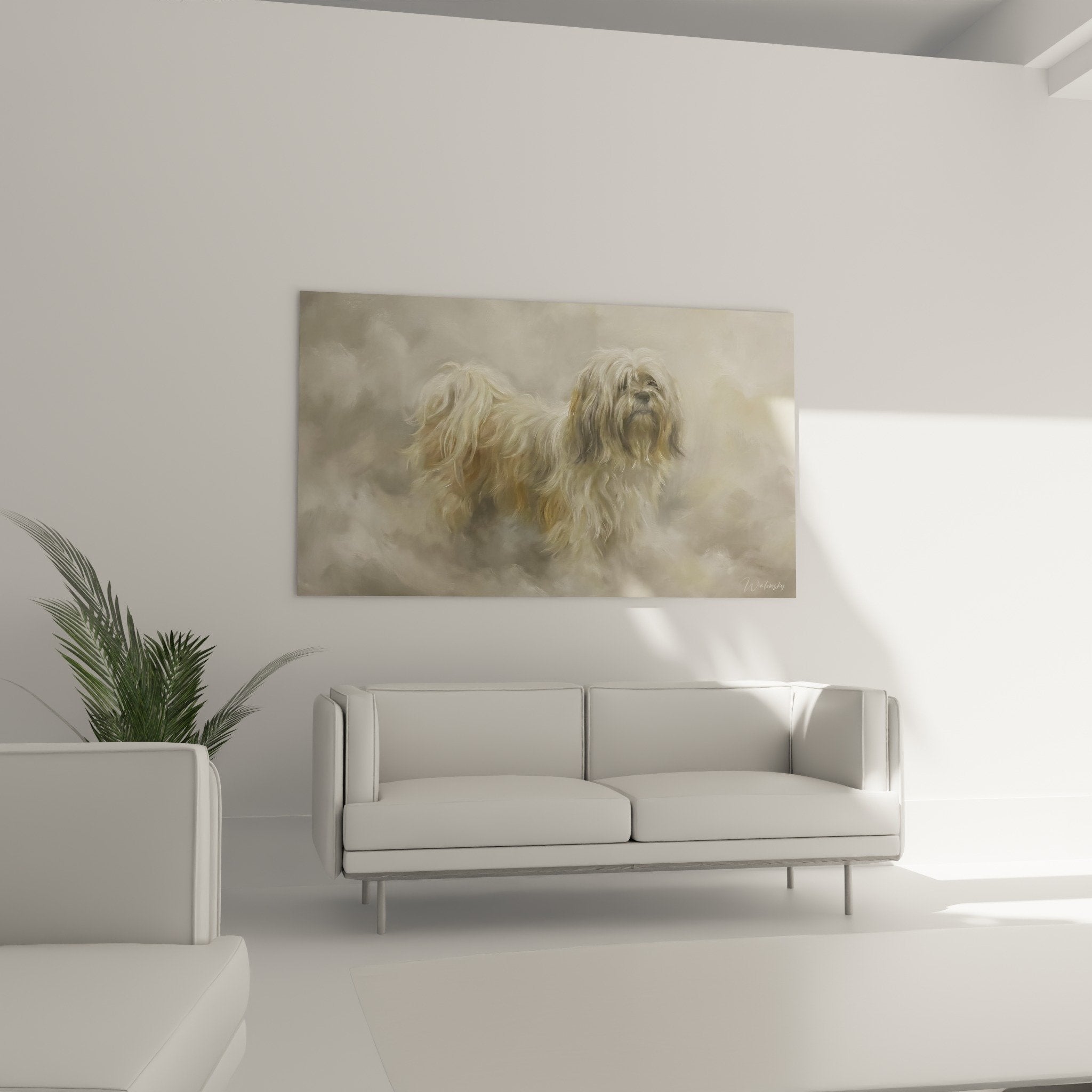 Détail rapproché tableau Lhassa Apso montrant effets de brume dorée et texture vaporeuse du pelage