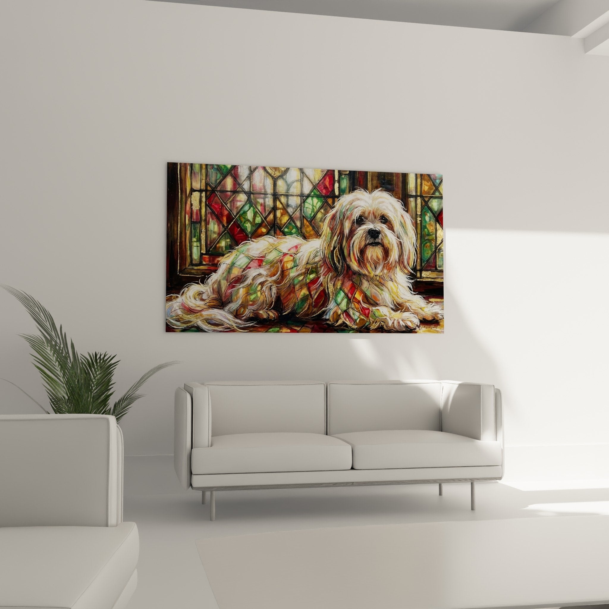 Dettaglio quadro lhassa apso pelliccia dorata riflessi caleidoscopici vetrate tecniche pittoriche realistiche