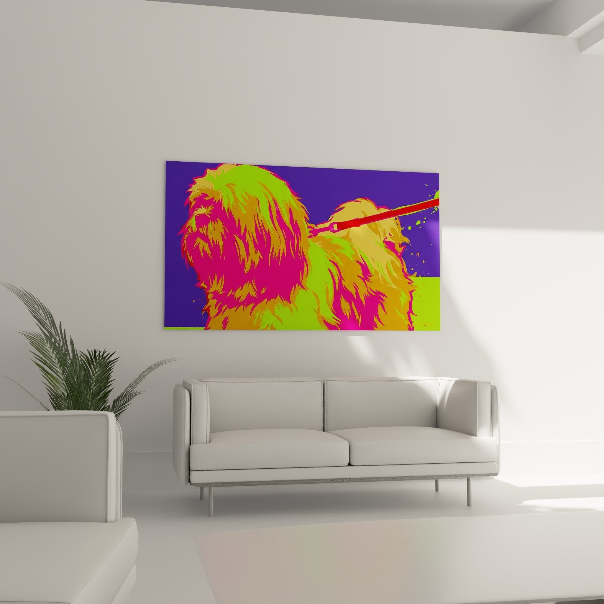 Gros plan tableau chien Lhassa Apso style neon avec details pelage multicolore artistique
