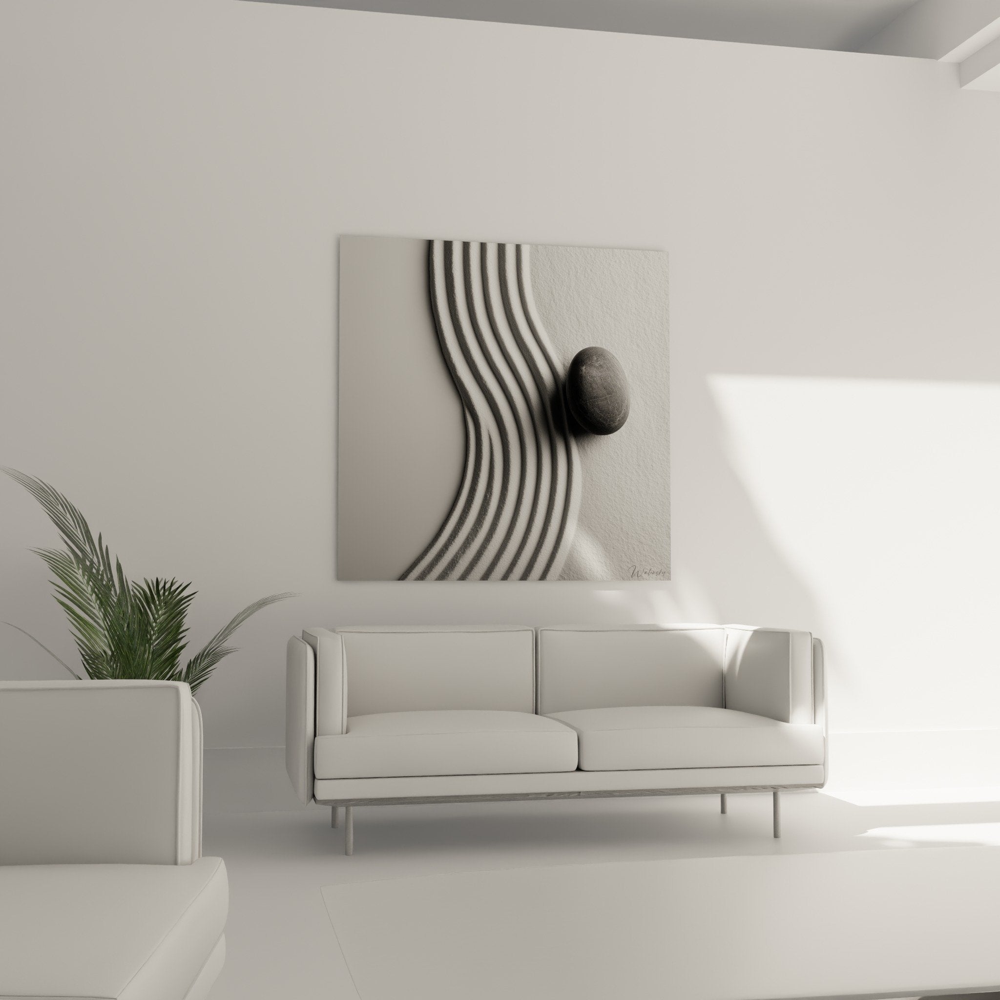 detail rapproche tableau zen lignes noires courbes galet ombres portees texture blanche art minimaliste
