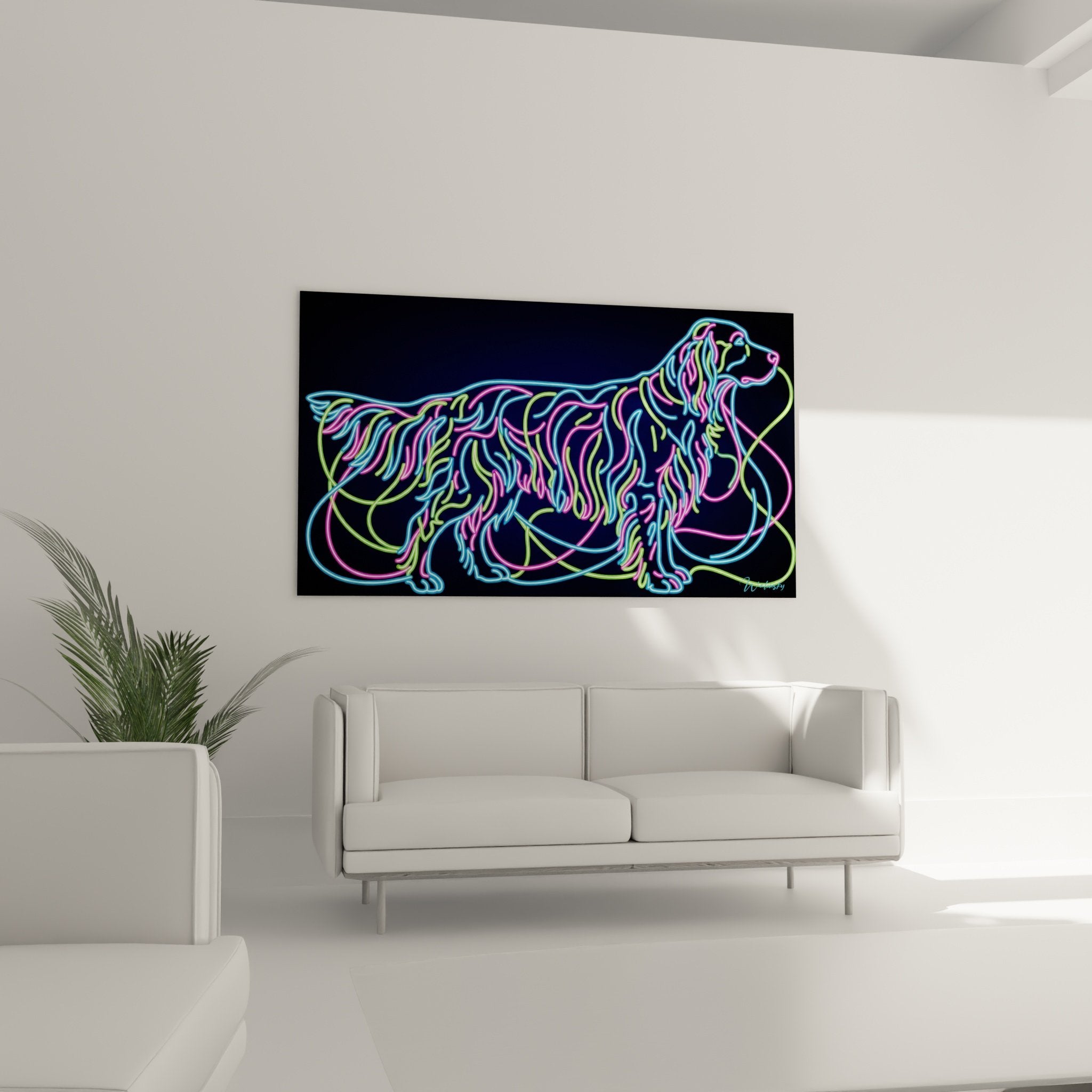 Neon colored lines detail English setter modern art canvas cyan magenta lime green luminous