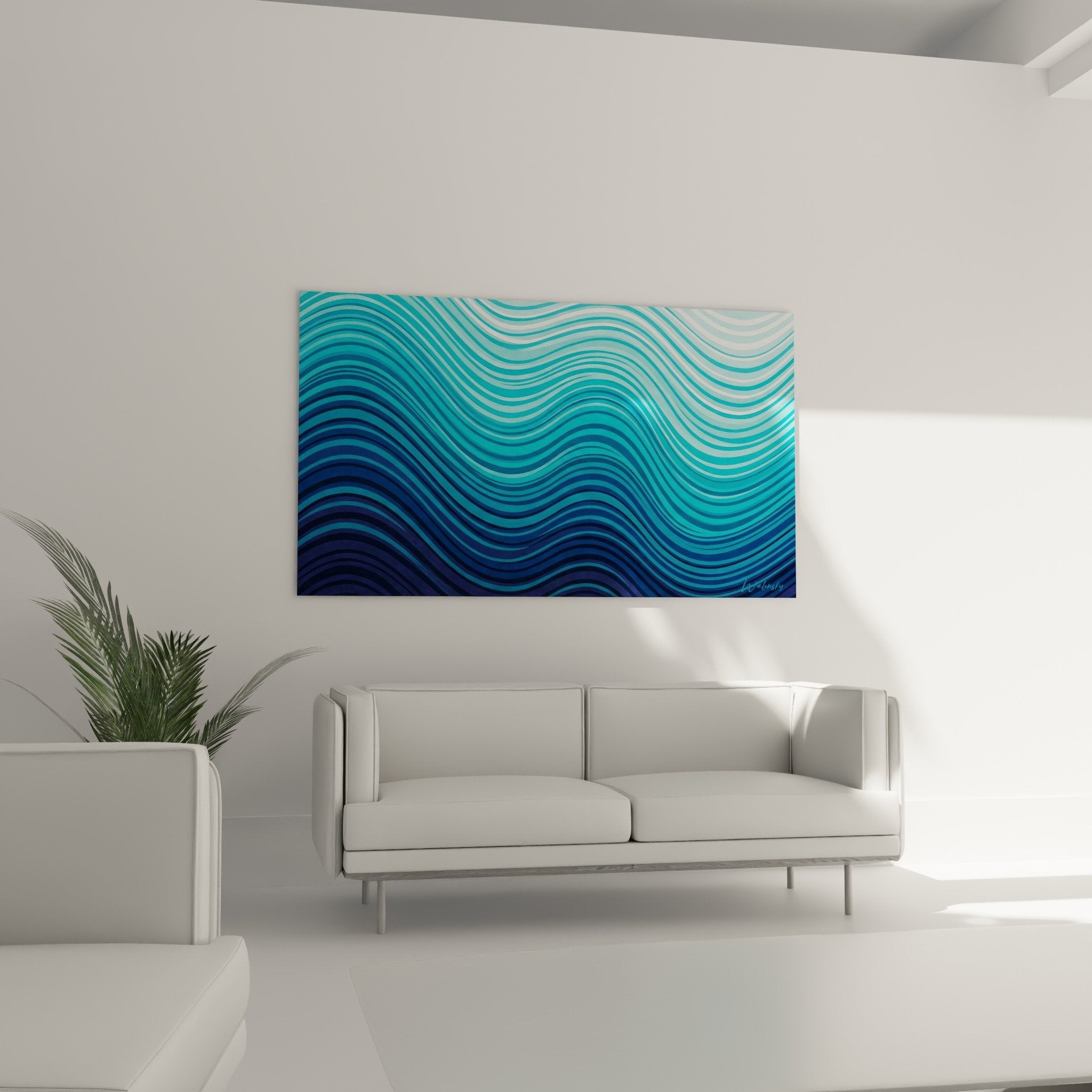 Detail rapproche lignes ondulantes bleues superposees effet profondeur aquatique