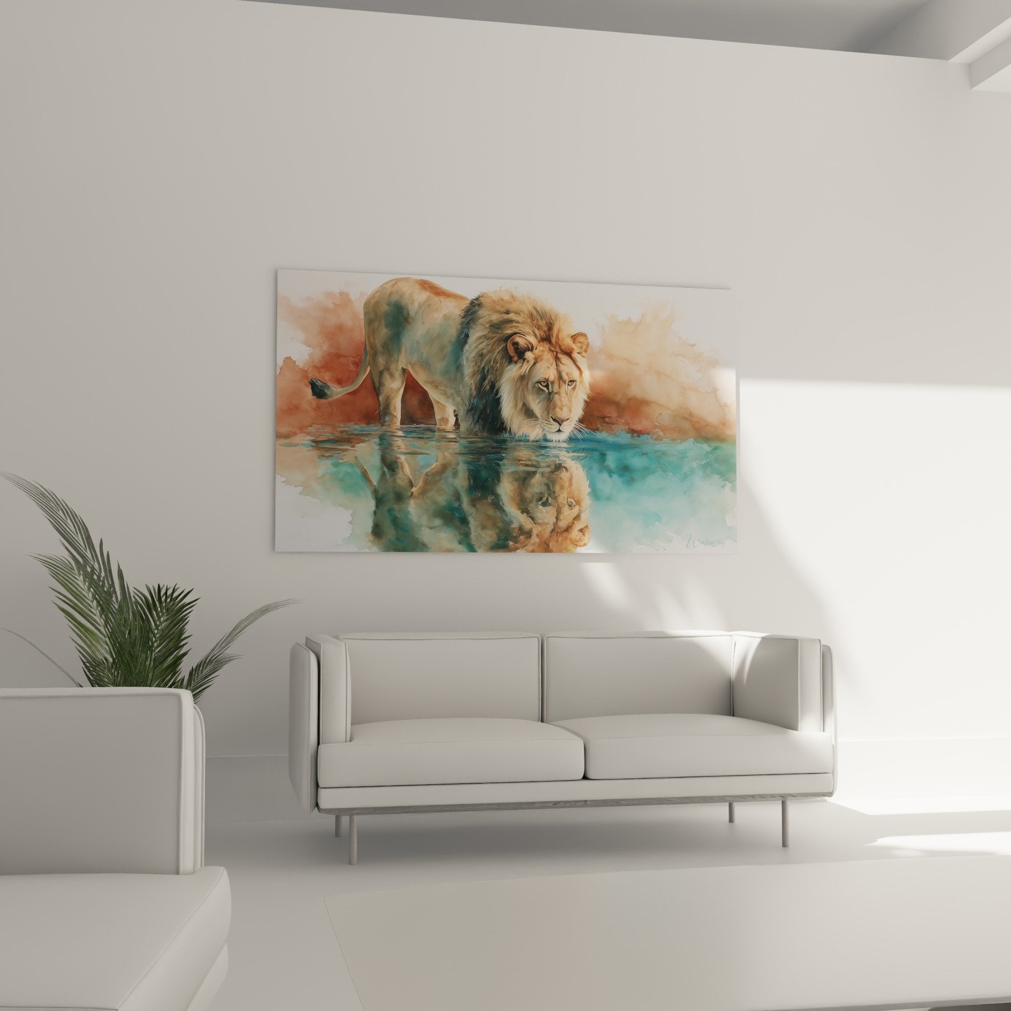Détail aquarelle lion crinière dorée reflet eau turquoise technique peinture fluide tons chauds