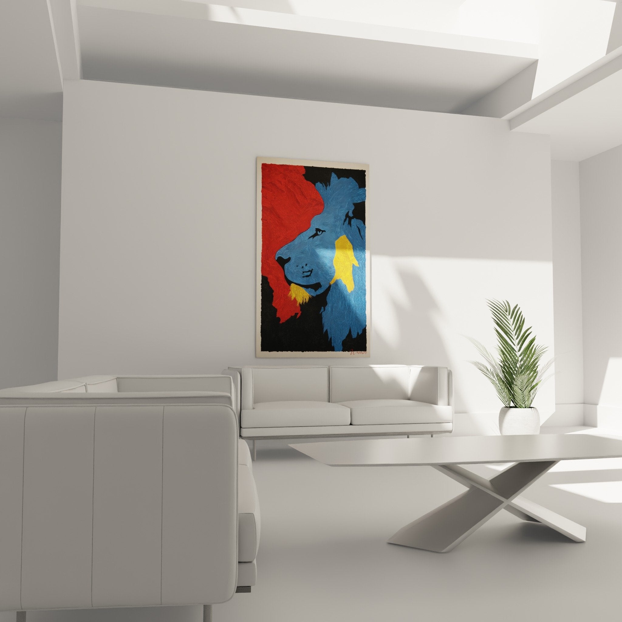 Dettaglio leone blu tecnica tratteggi texture grafica colori intensi rosso giallo arte murale