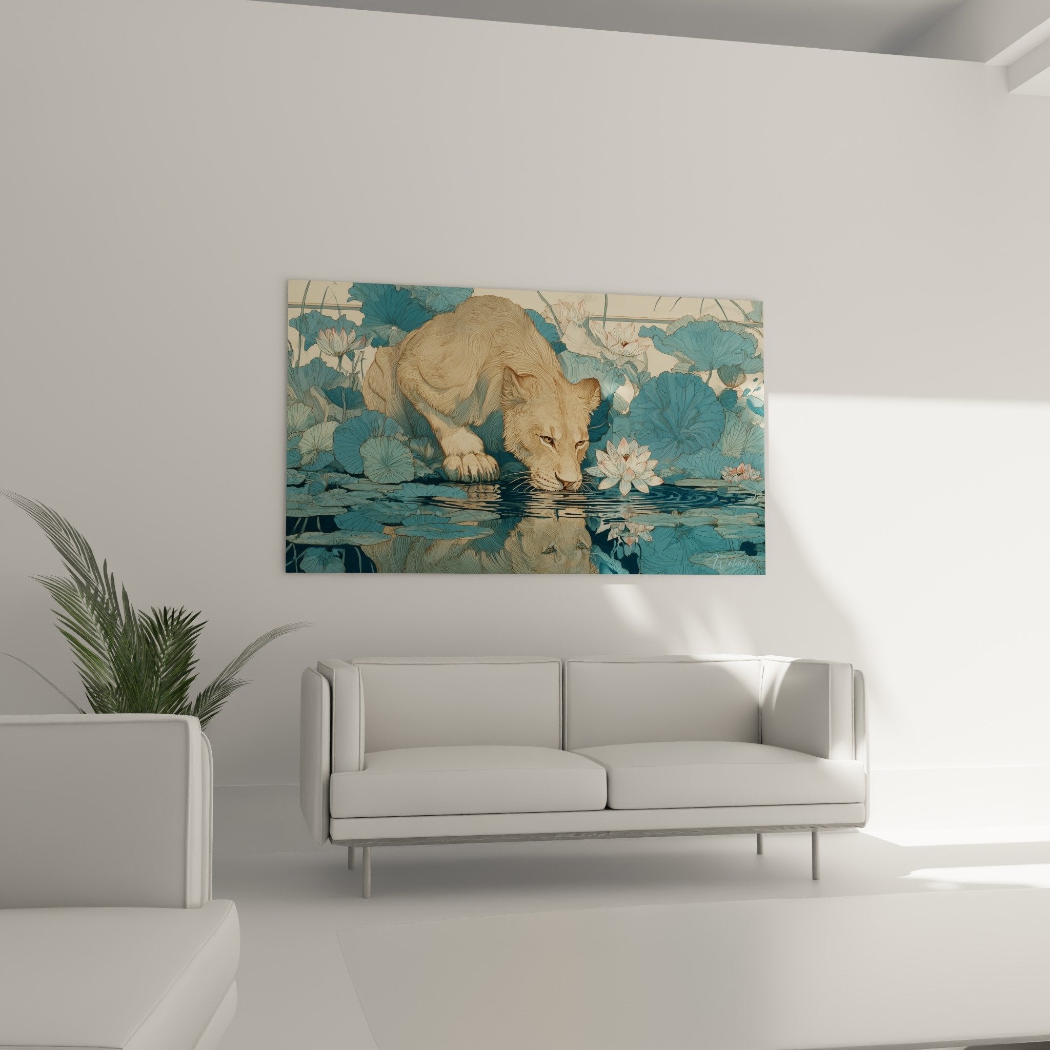 Golden lion drinking water detail with white lotus reflections blue water lilies zen animal painting