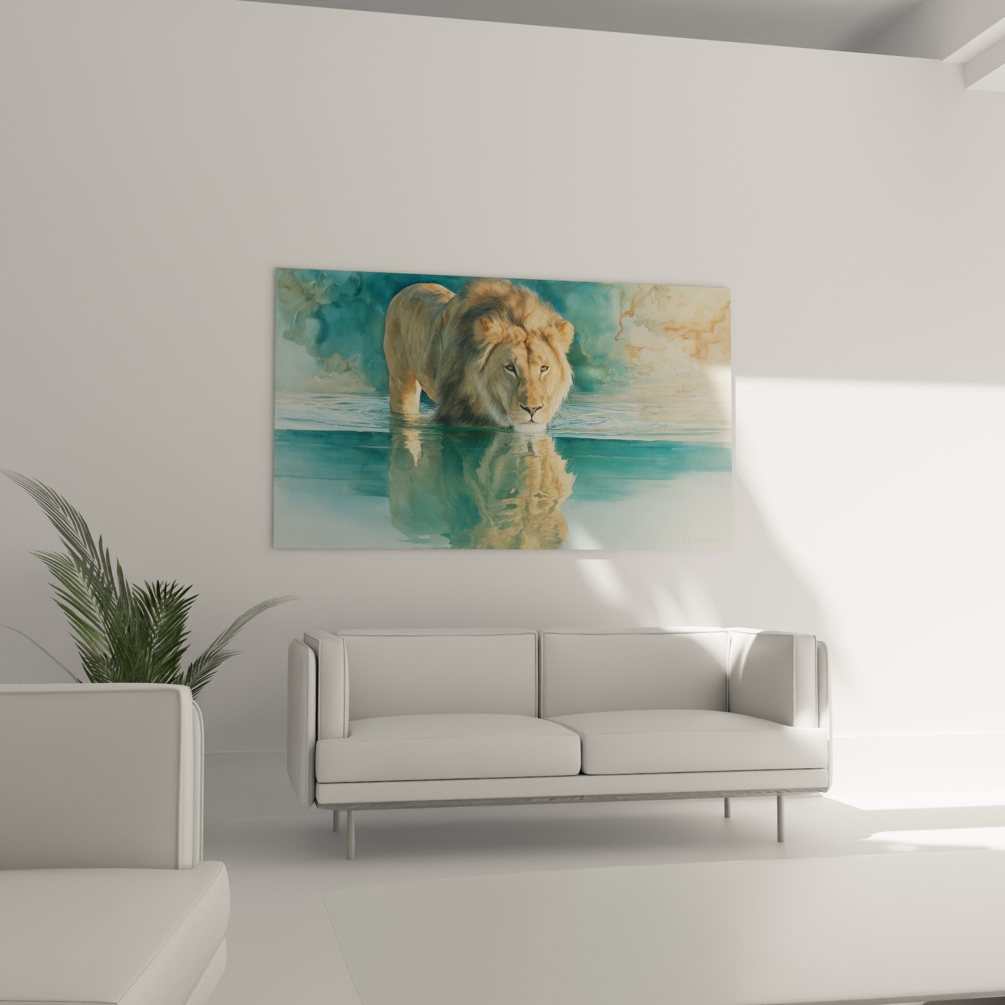 Detail criniere lion aux tons cuivres et dores contrastant avec eau turquoise translucide