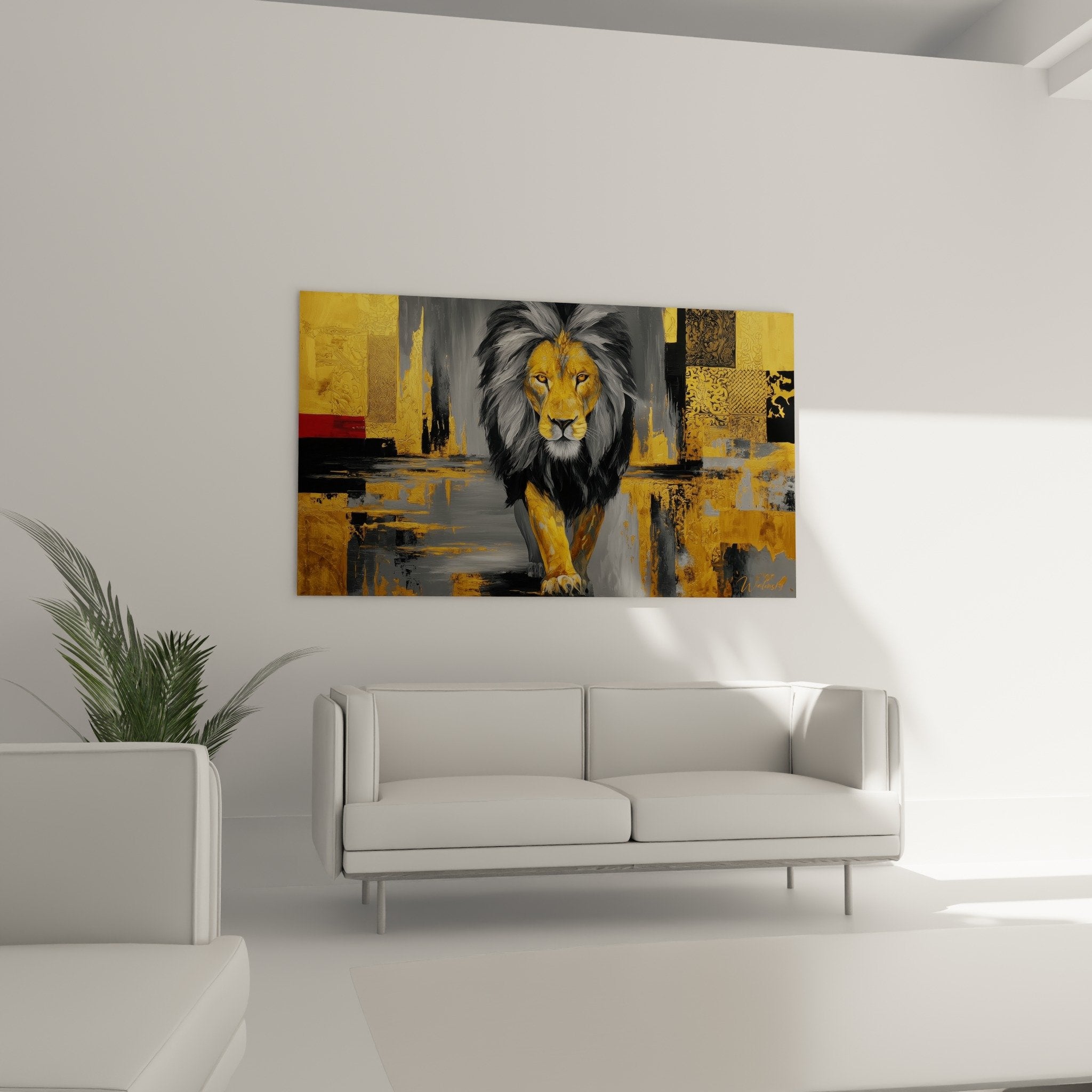 golden lion detail grey mane intense gaze realistic painting animal art