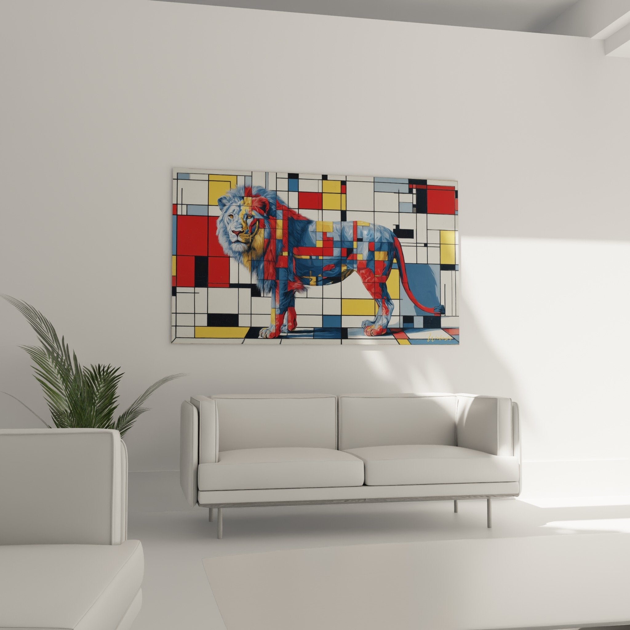 Detail lion artistique couleurs bleues rouges technique fragmentation geometrique contemporaine