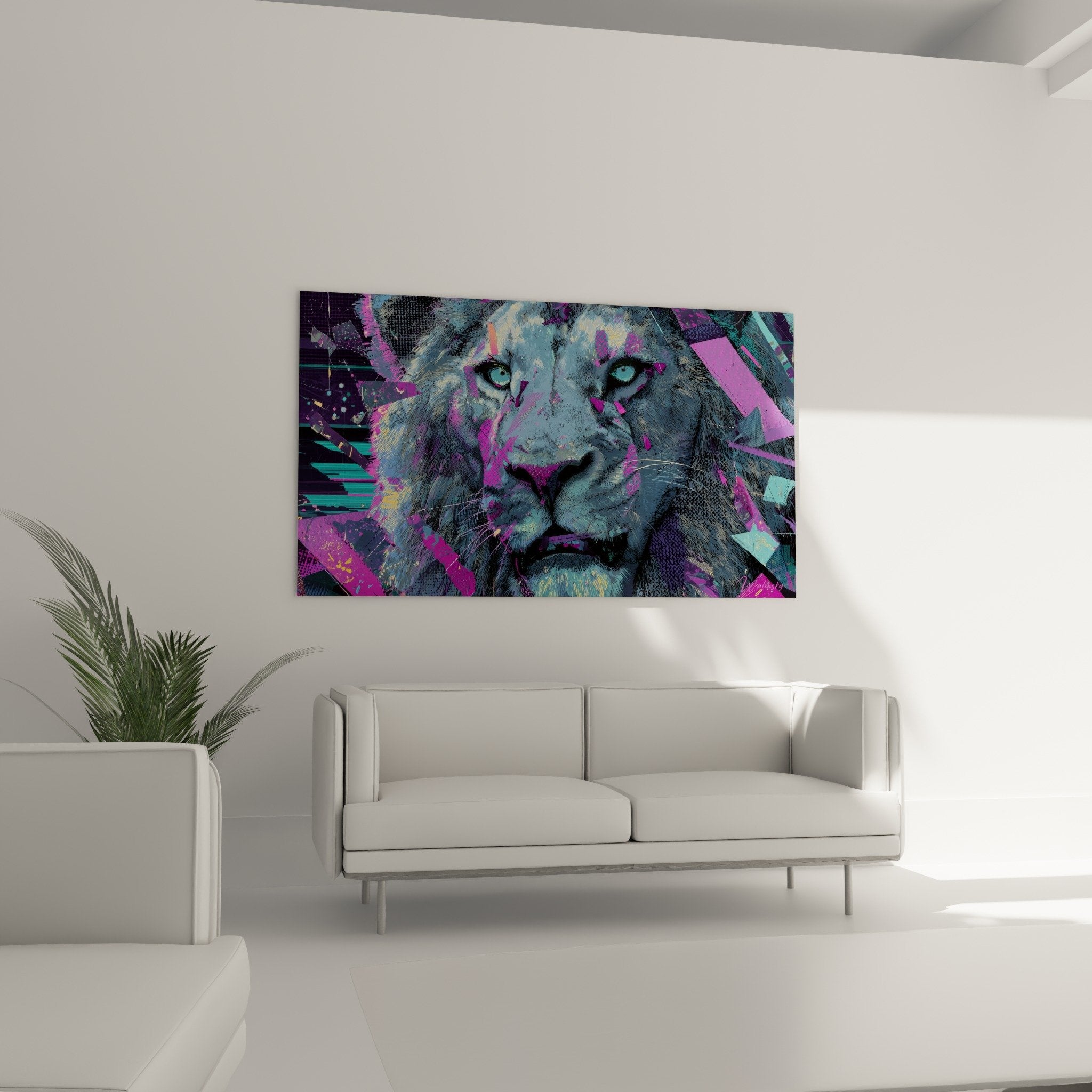 Detailed lion portrait digital art blue eyes purple mane glitch effect contemporary colorful artwork