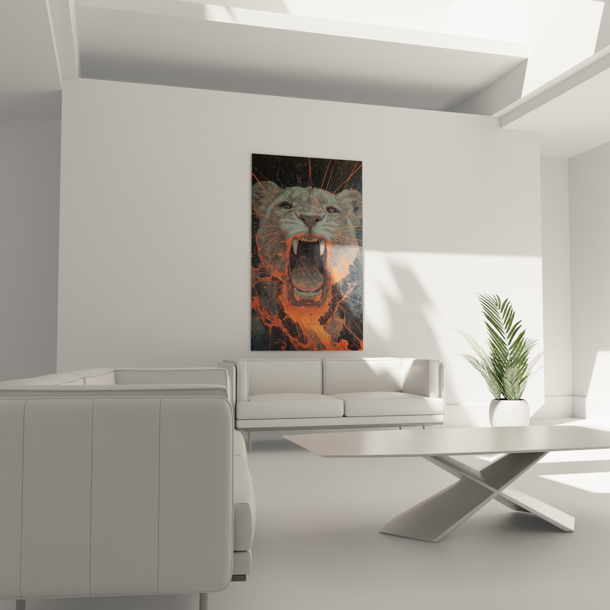 roaring lion detail open mouth orange projections metallic gray texture