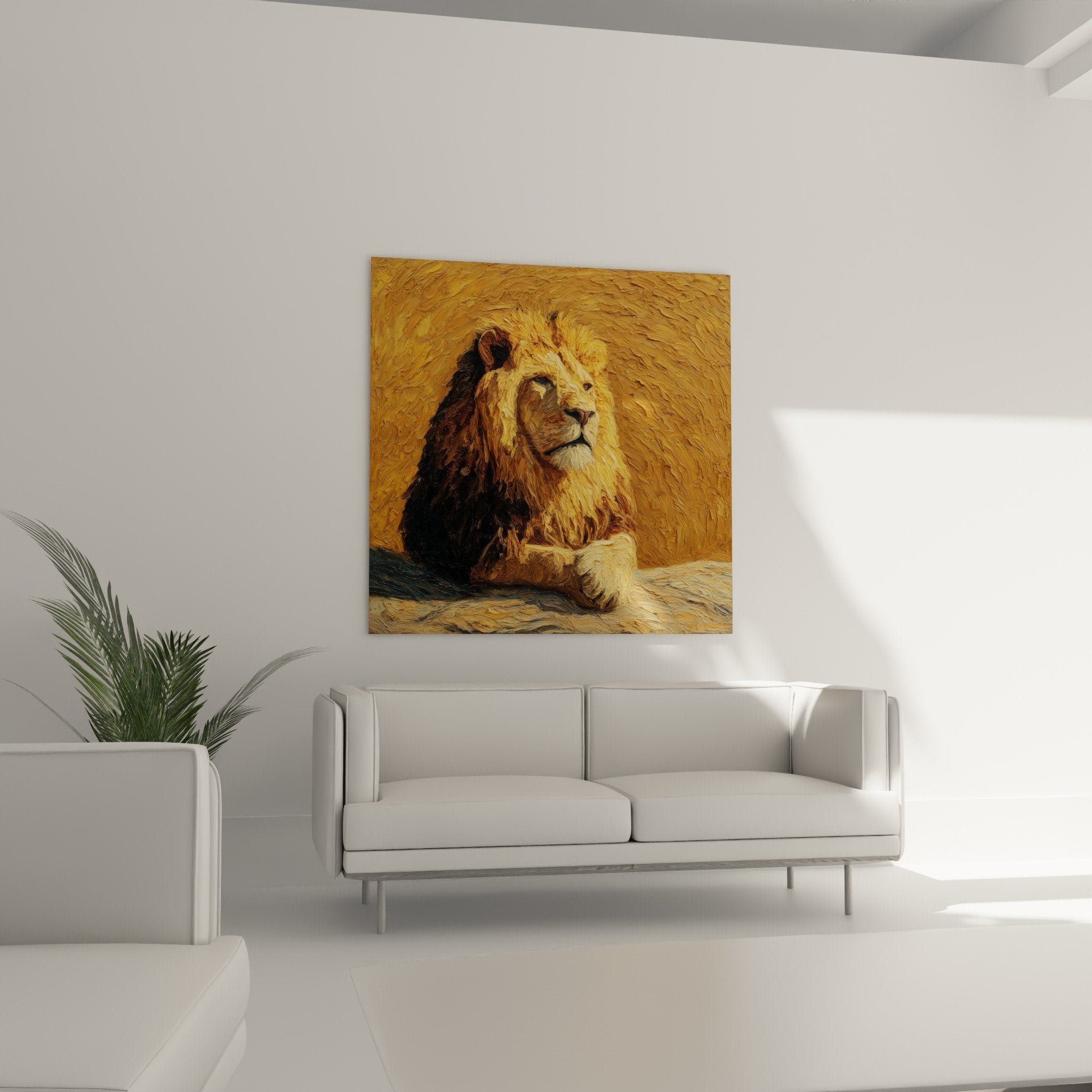 Detail lion painting golden tones textured relief majestic mane thick impasto