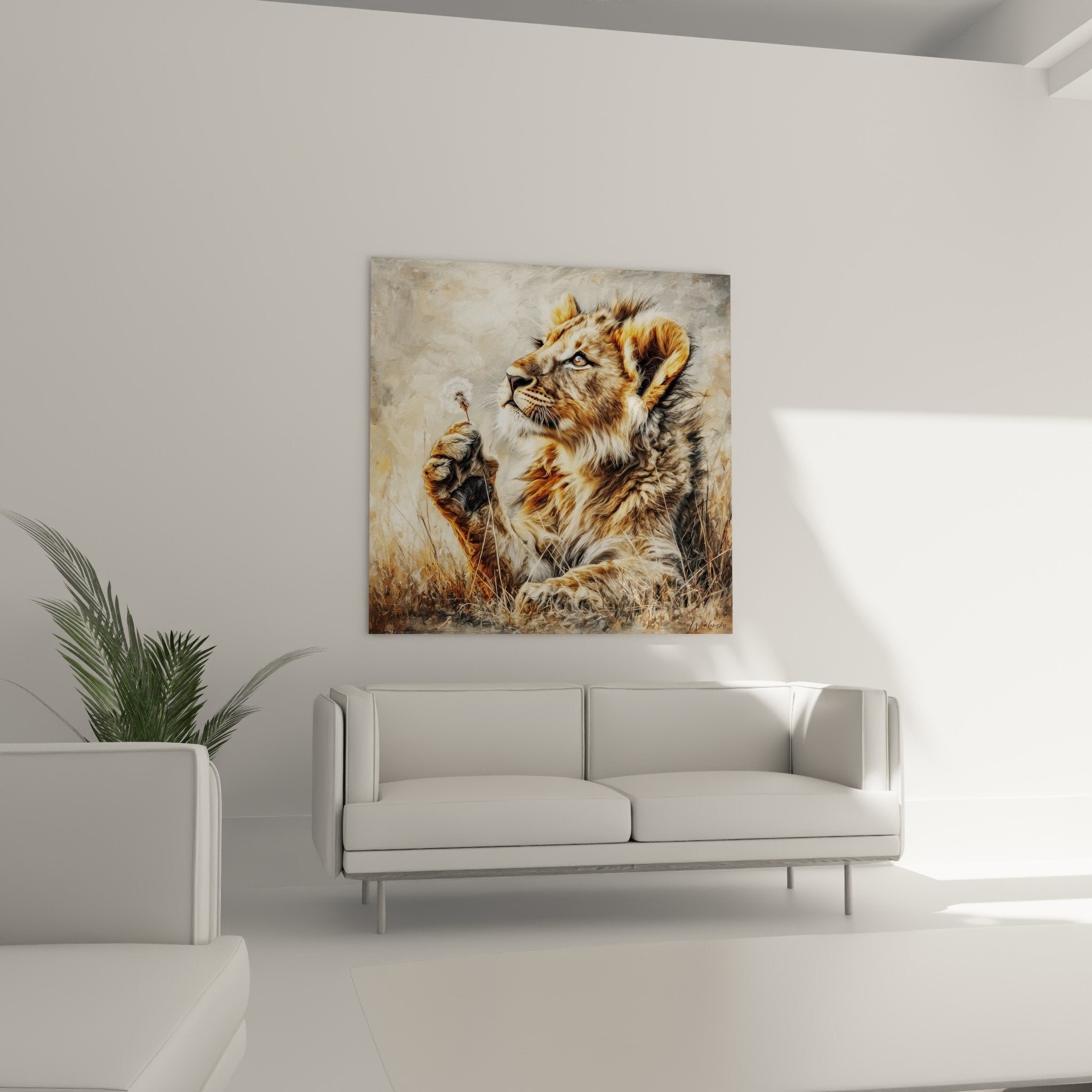 Dettaglio quadro leoncino con tonalità dorate, pittura realistica mantello fulvo, arte animaliera alta definizione