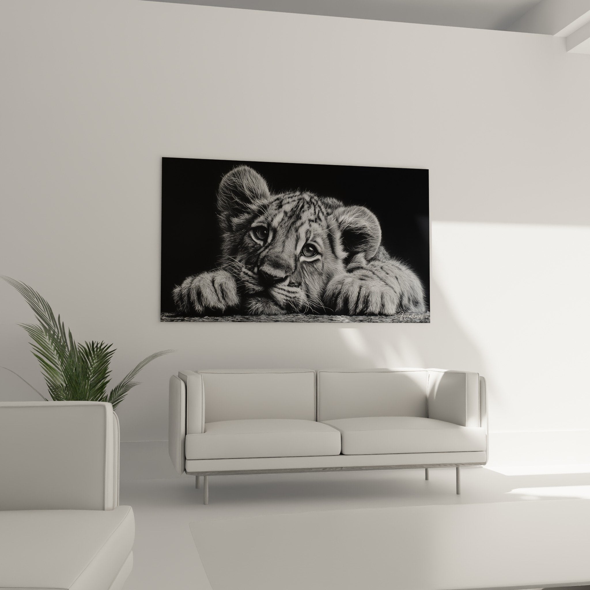 black and white lion cub detail piercing eyes realistic fur artistic texture