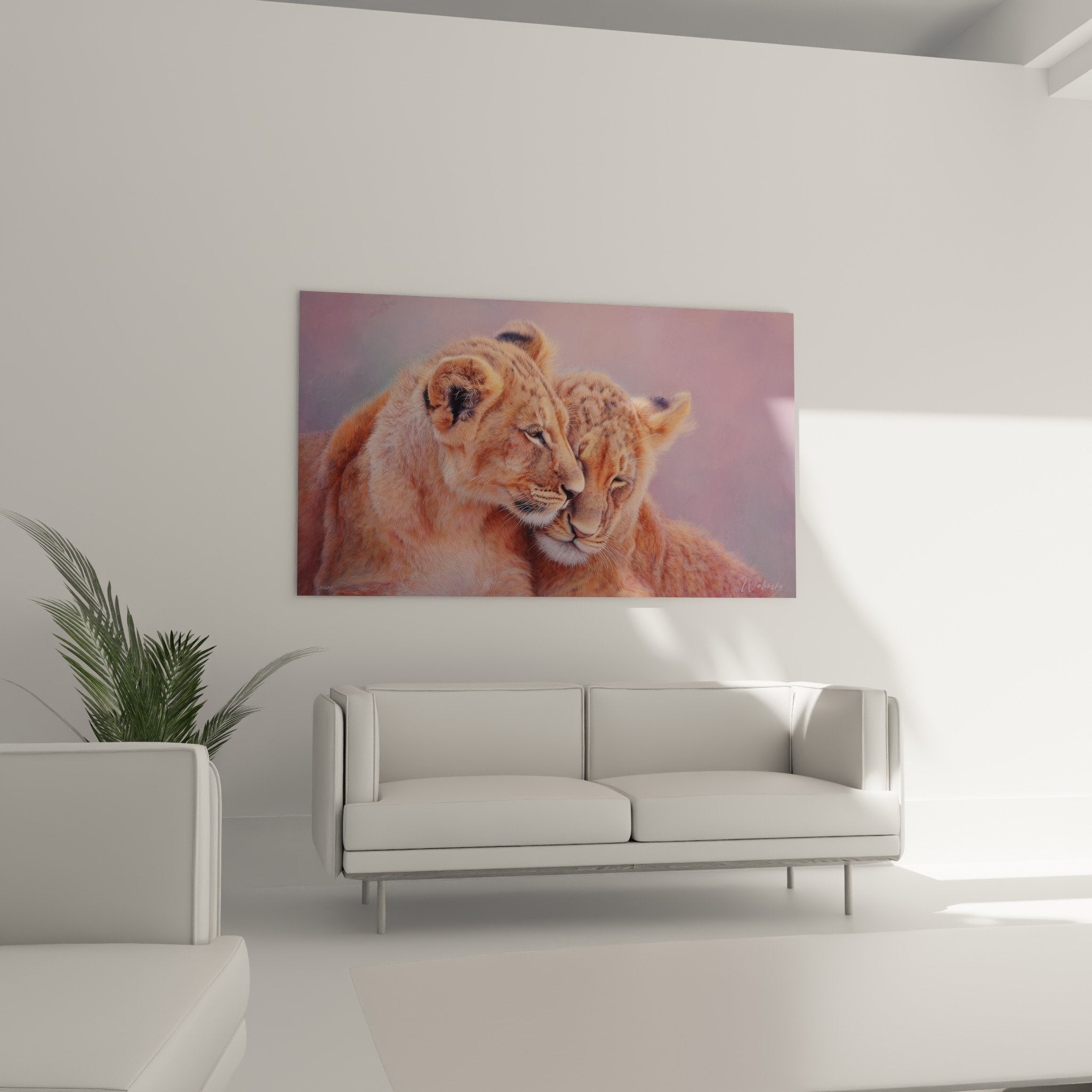 Dettaglio quadro leoni tenerezza pelame dorato realismo straordinario espressione tranquilla felini