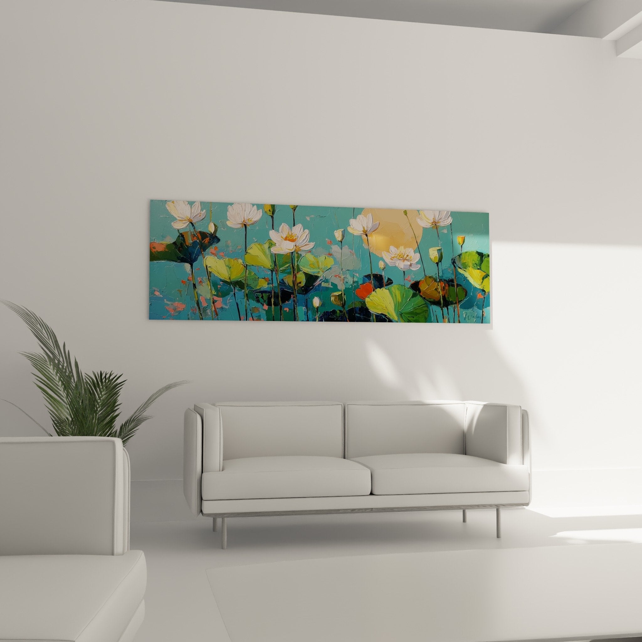 Détail fleurs de lotus blanches peinture impressionniste texture empâtements verts et turquoise