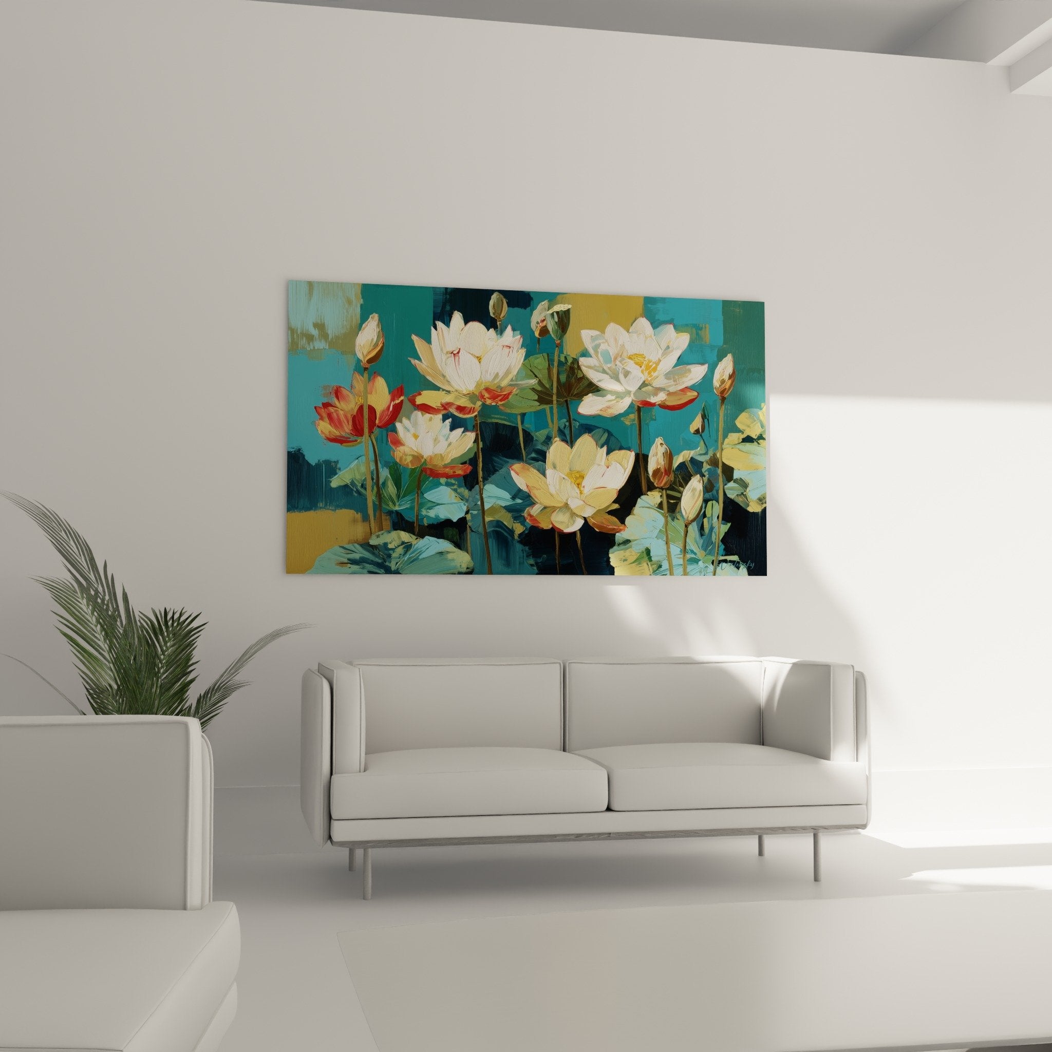 Détail nénuphares blancs aux reflets dorés, peinture contemporaine fleurs aquatiques