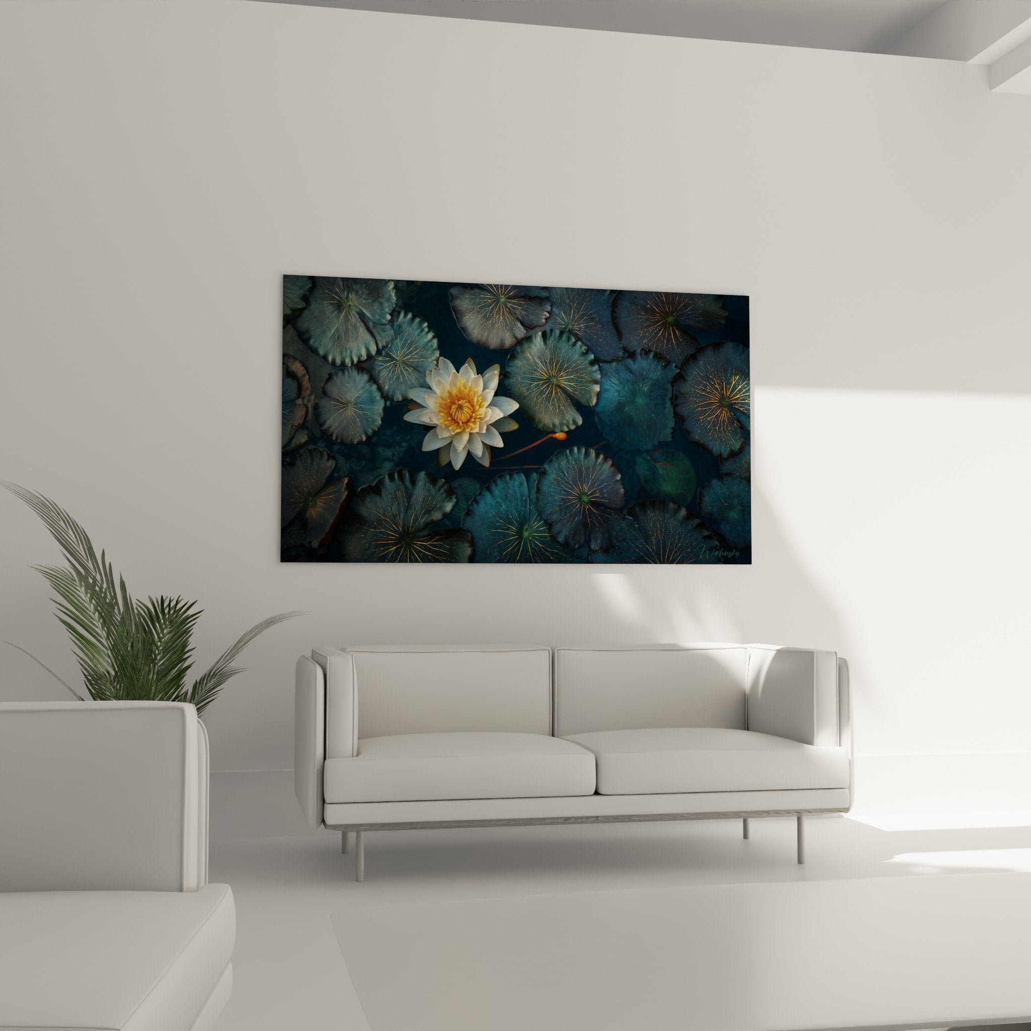Détail fleur de lotus dorée et motifs rayonnants sur feuilles de nénuphare bleues