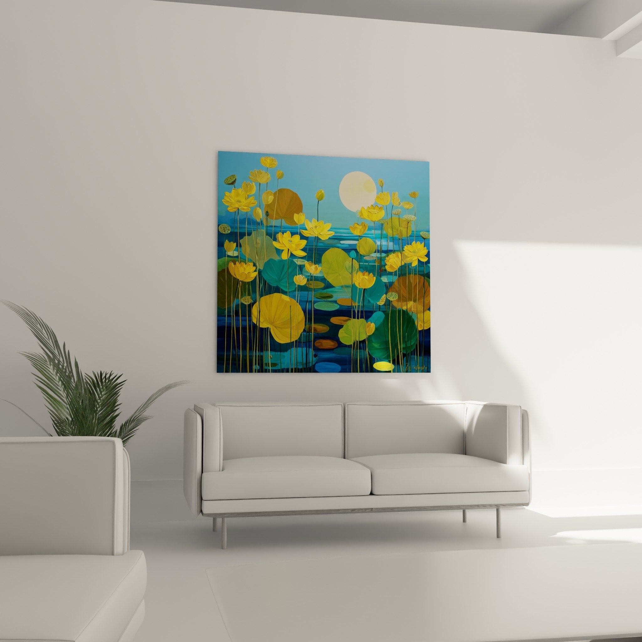 Detail of golden lotus flowers and round floating leaves, impressionist style painting pond