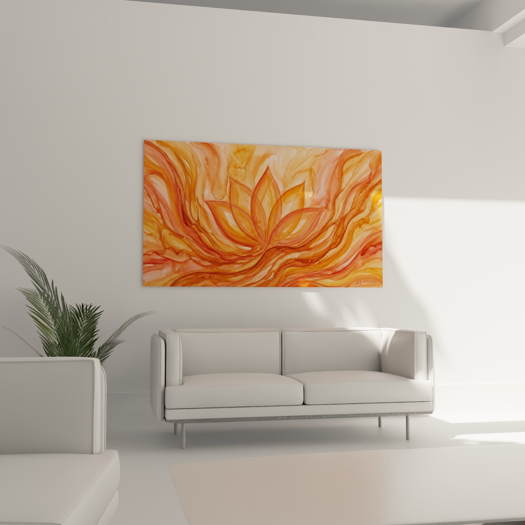Détail fleur de lotus orange stylisée, pétales délicats aux dégradés cuivrés sur fond de mouvements fluides