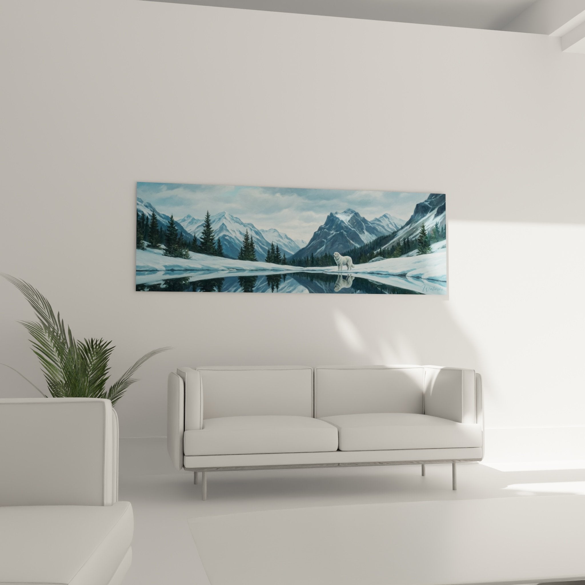 Detail tableau loup blanc pelage immacule lac cristallin reflets parfaits montagne enneigee