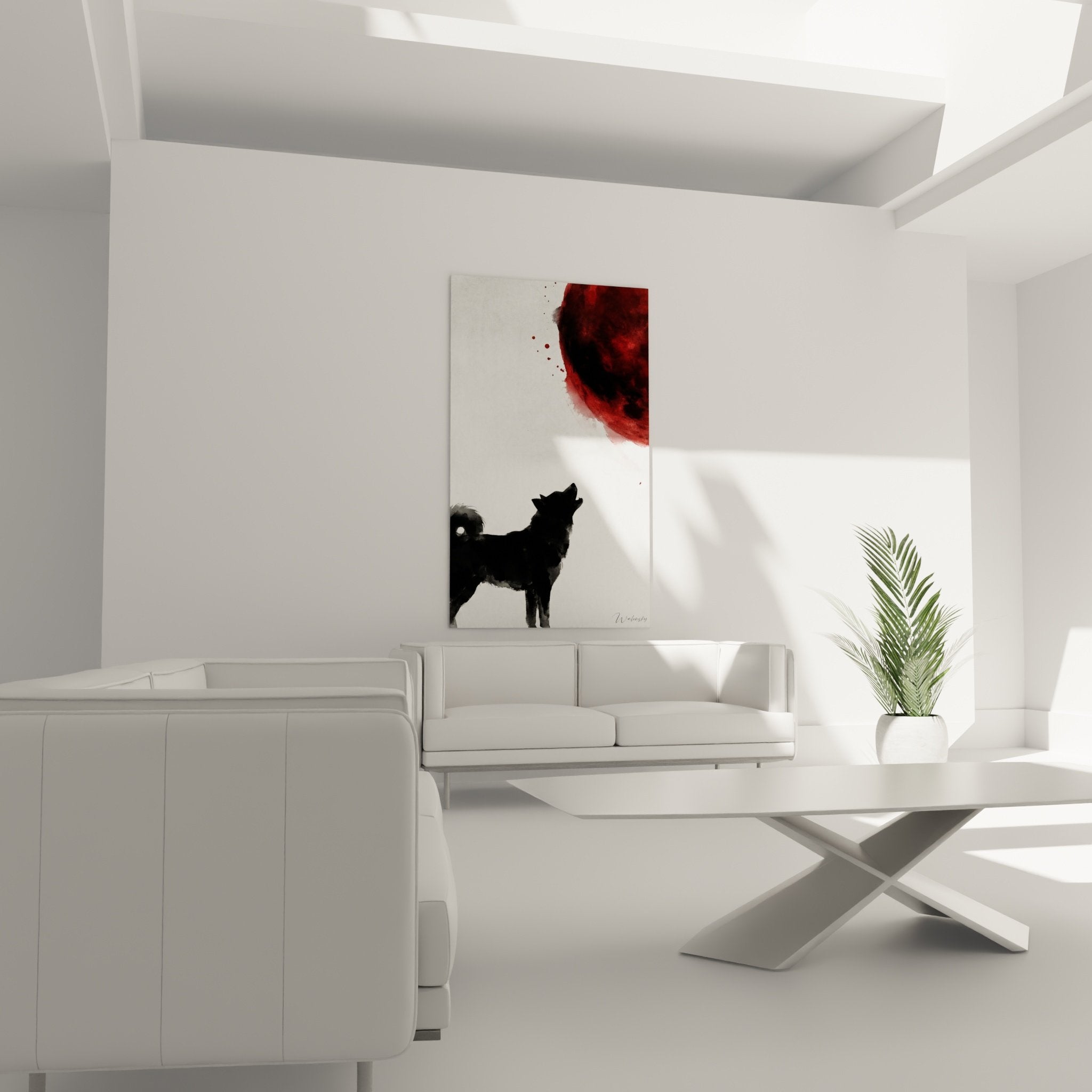 Close-up detail red moon watercolor splashes akita inu howling contemporary art canvas