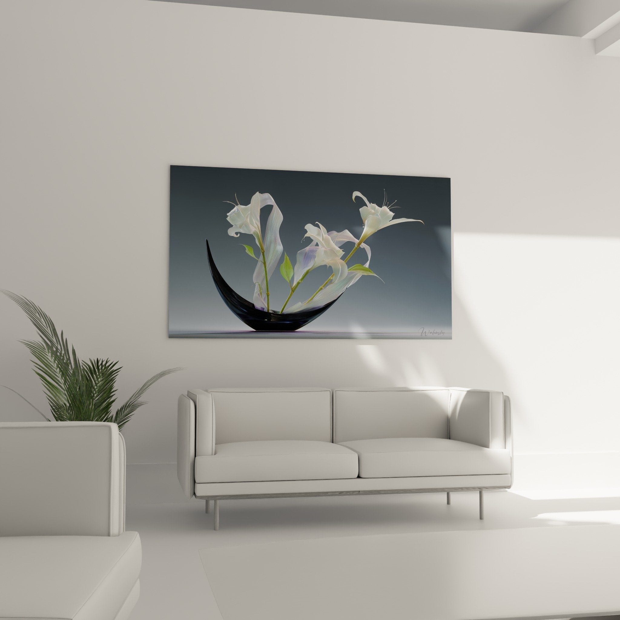 Detail white lilies pearlescent petals golden stamens shiny black vase - contemporary ikebana art