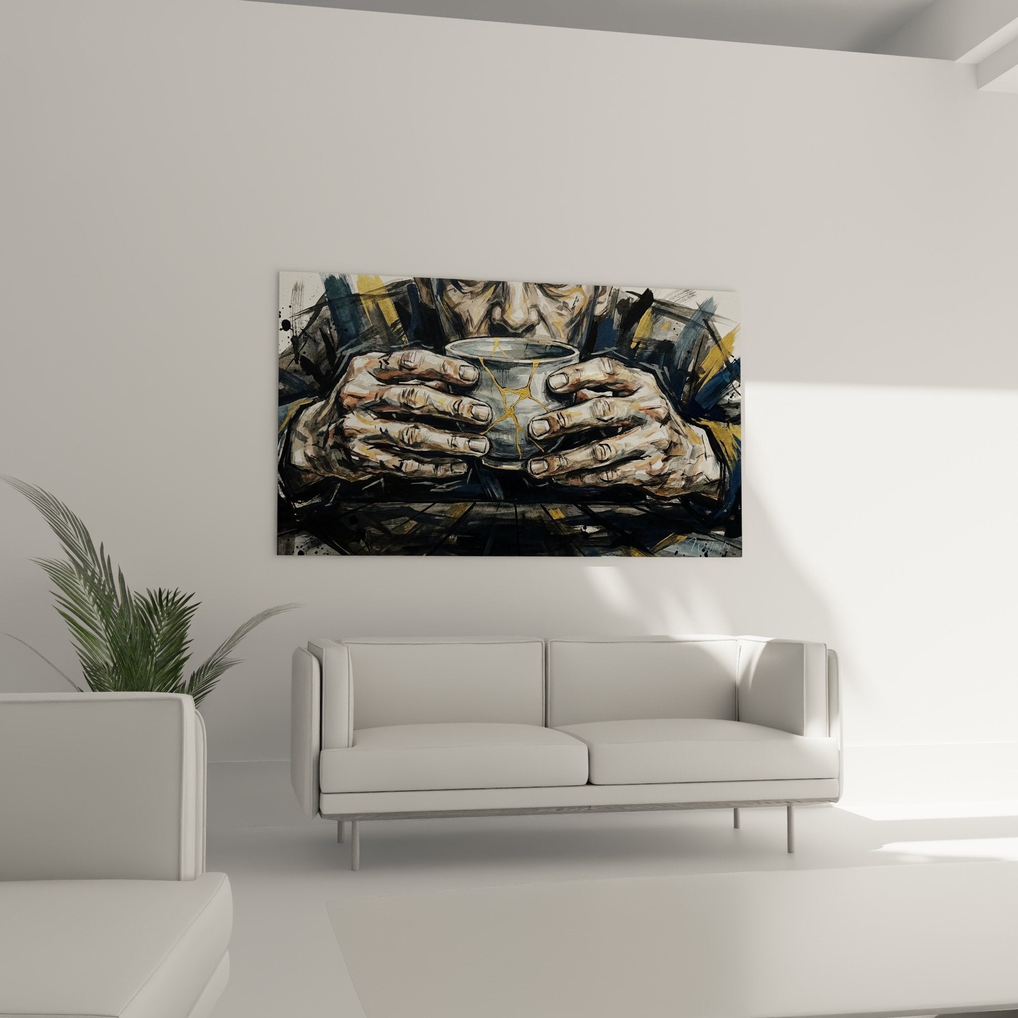 Nahaufnahme runzliger Hände halten goldene Tasse expressionistische Kintsugi-Malerei Texturen