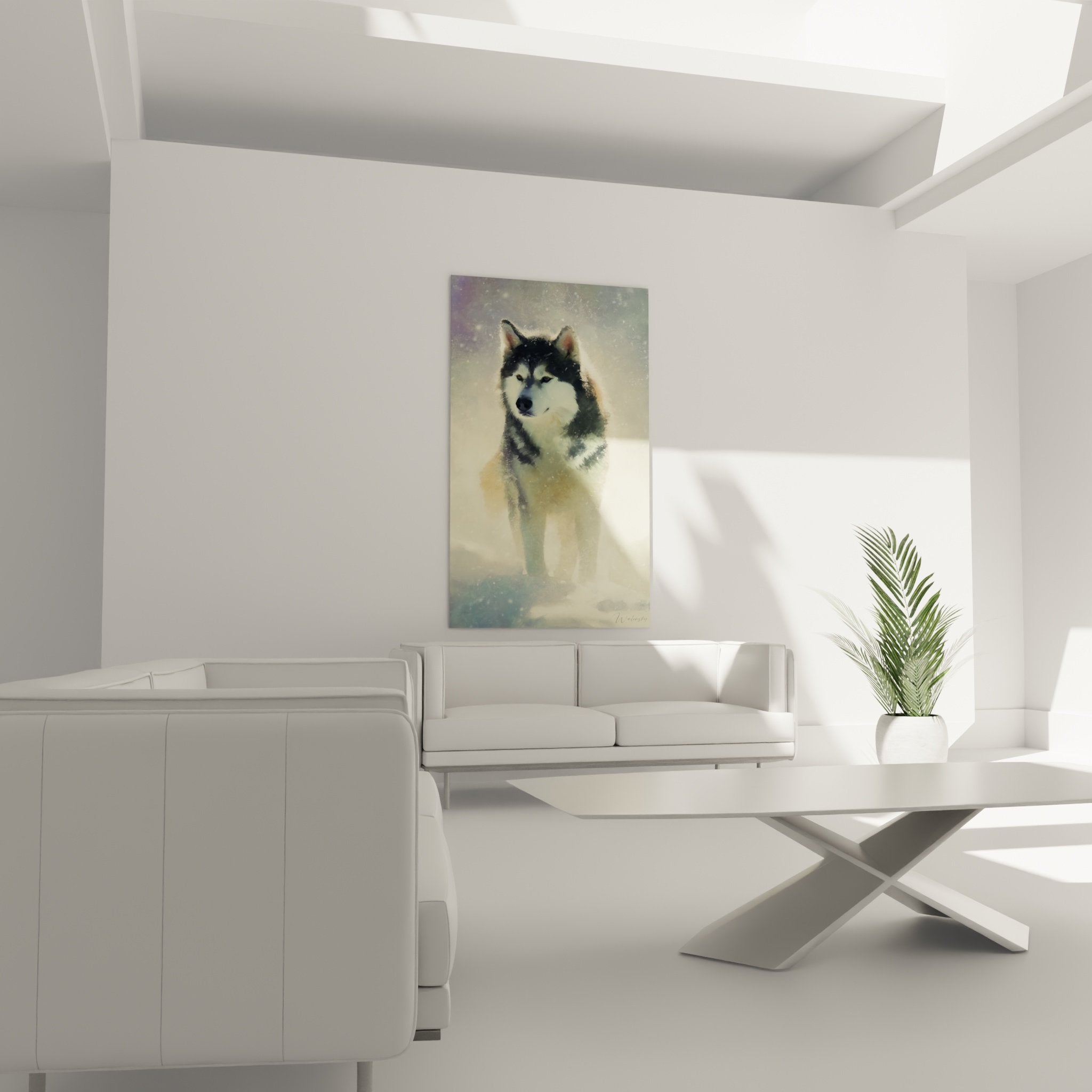 Détail rapproché du Malamute Alaska montrant fourrure grise et blanche dans ambiance poudrée