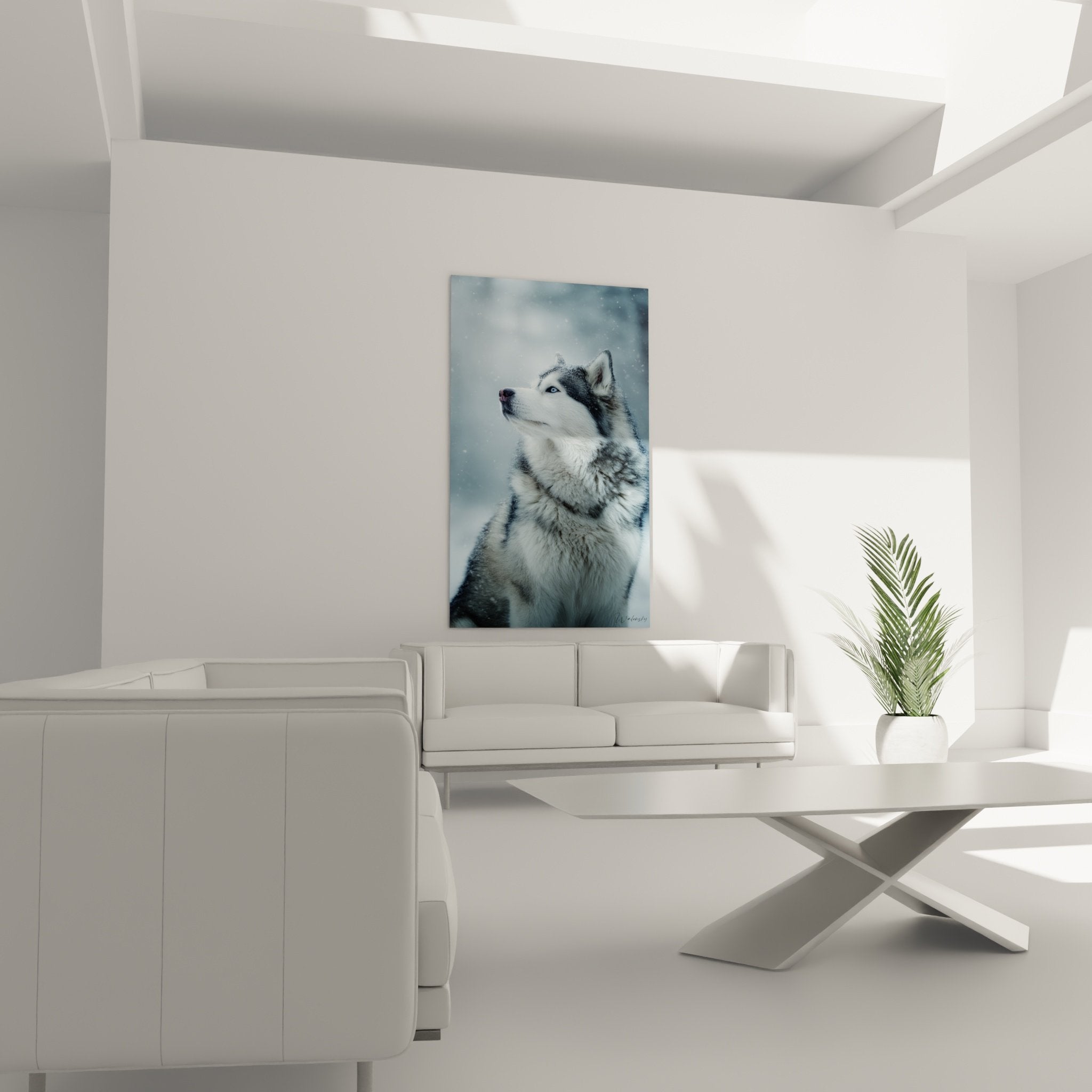 Détail rapproché portrait Malamute Alaska sous la neige, pelage gris et blanc, expression contemplative, art canin