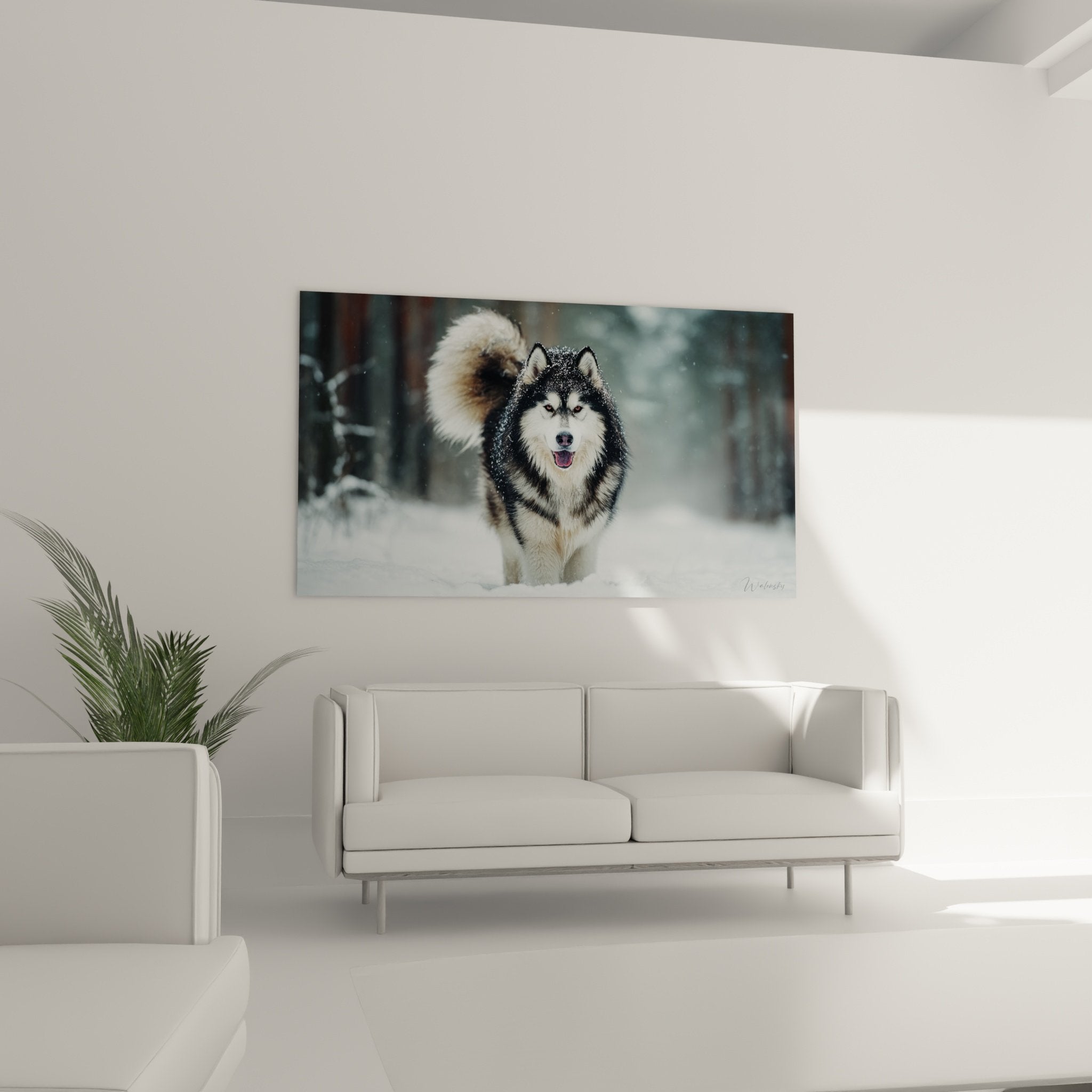 Detail rapproche Malamute Alaska pelage noir et blanc contraste avec neige et flocons figes