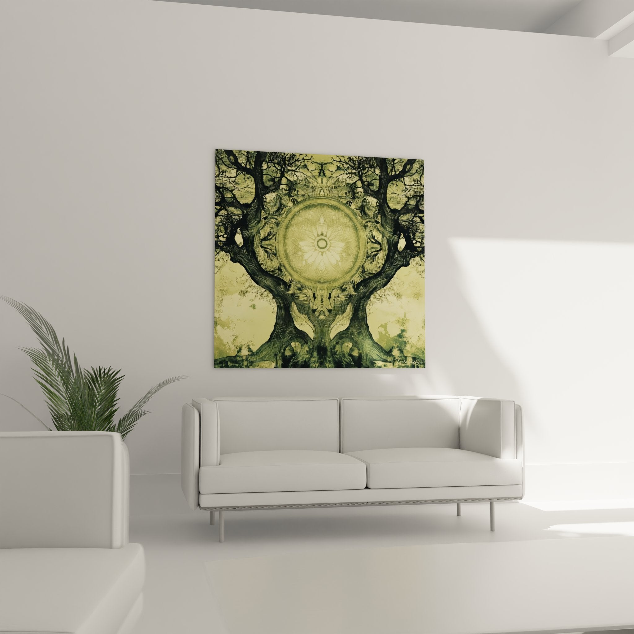 Gros plan détail mandala lumineux doré au centre de l'arbre cosmique fractal, géométrie sacrée