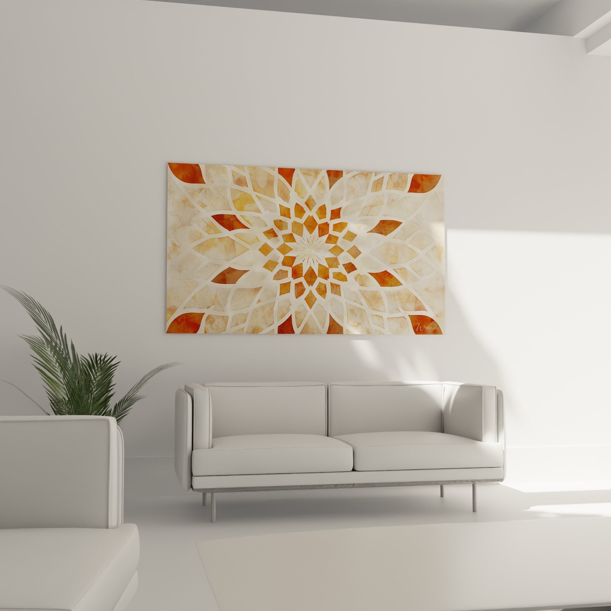 Détail rapproché du mandala doré, motifs géométriques complexes et nuances orangées art islamique